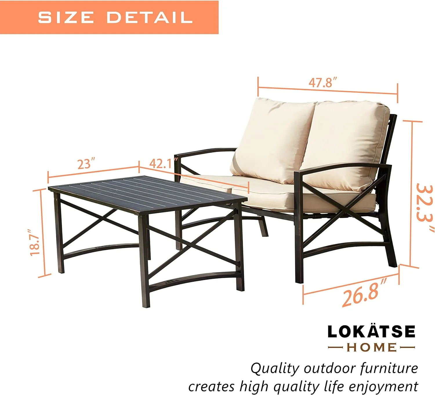 2 Pcs Outdoor Patio Bistro Furniture Set Conversation Metal Chair Loverseat Coffee Tabel With Cushion,