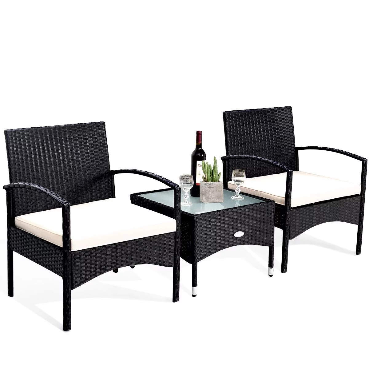 3 PCS Furniture Set Table & 2 Chair Patio Wicker Rattan W/Cushion