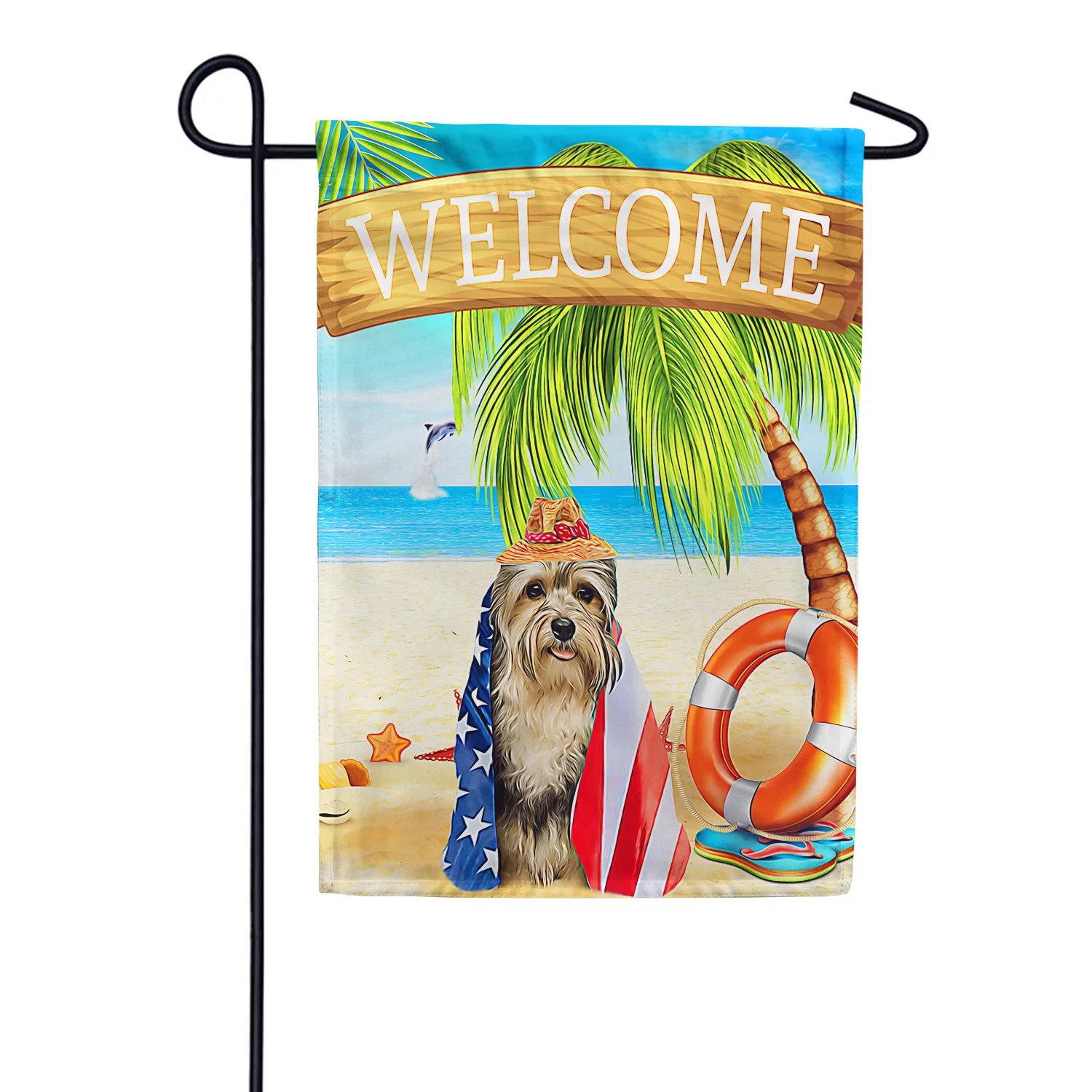 America Forever Patriotic Dog Welcome Summer Garden Flag 12.5 x 18 inches American Tropical Beach Cute Puppy Palm Tree Double Sided Seasonal Yard Outdoor Decorative Coastal Garden Flag