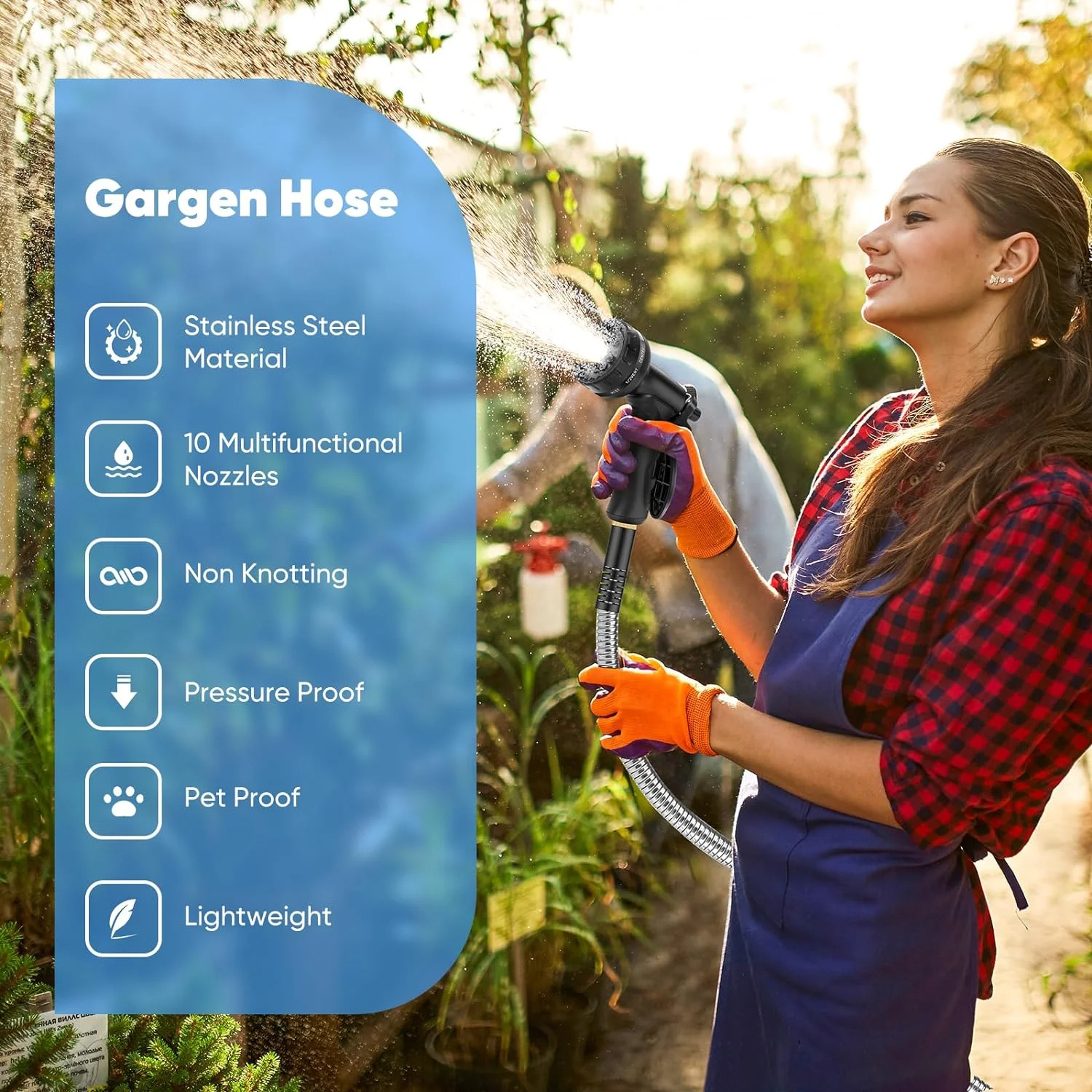 roushimao Hose 50 FT, Metal Stainless Steel Water Hose with 10 Function Nozzles, No Kinks, Flexible Hose, Lightweight, Puncture Proof, Heavy Duty Hose for Yard and Outdoor