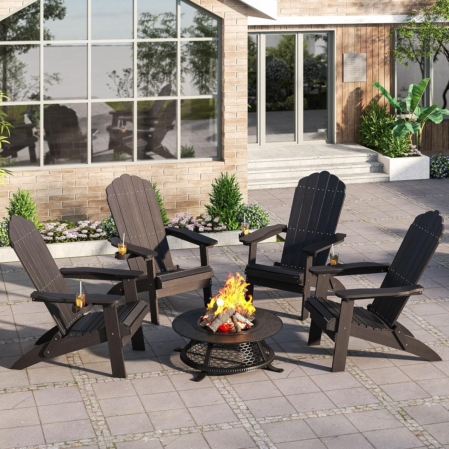 Qsun Outdoor Folding Adirondack Chair, Weather Resistant Patio Chair with Cup Holder for Outside, Deck, Lawn, Backyard, Garden, Fire Pit, Campfire Lounger, Black