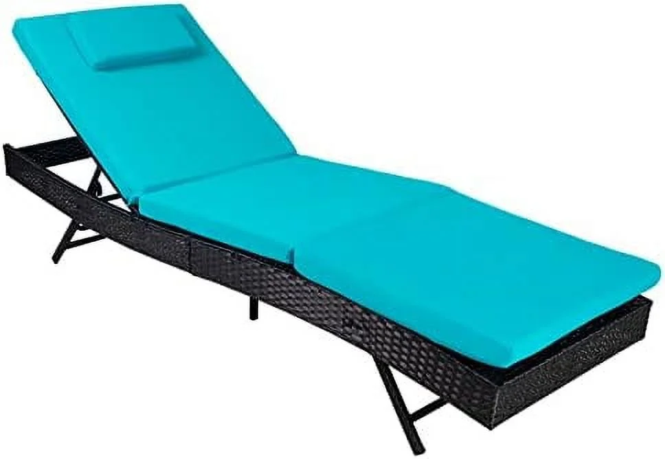 ZWNLKQG Outdoor Chaise Lounge Patio Lounge Chair Wicker Adjustable Back Reclining Chair with Blue Cushion for Poolside  Garden  Backyard