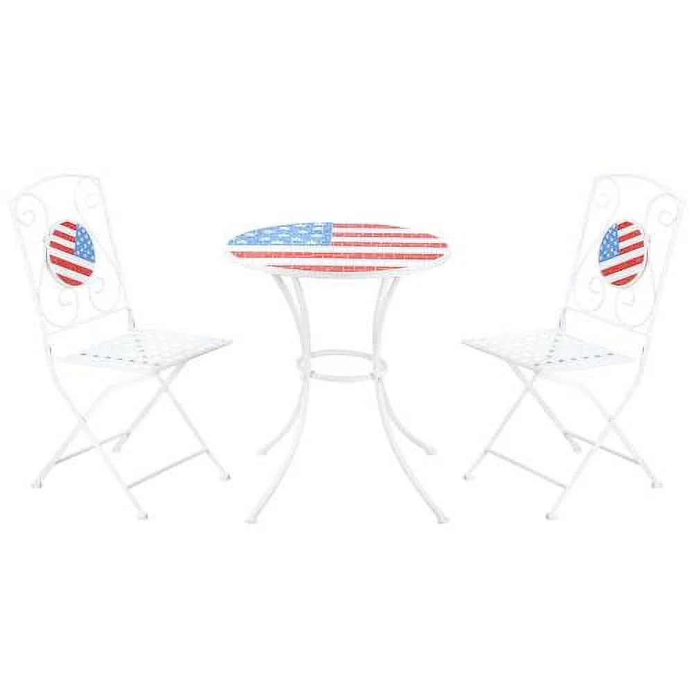 GUIOIHDC 3 Piece Patio   Folding Outdoor  with  Mosaic Table and Chairs  Portable Metal Frames for 4th of July  Balcony  Backyard  Poolside  Porch  American Flag