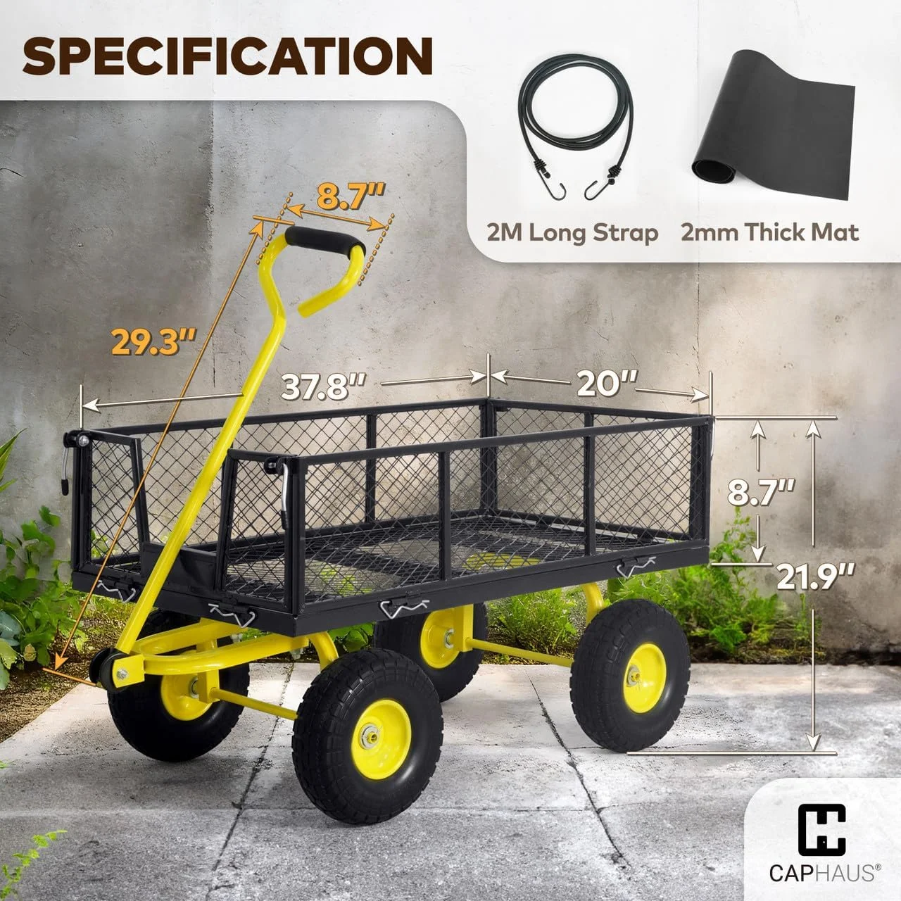 Metal Black Garden Cart, w/ 180° Adjustable Yellow Handle, w/Mat and Strap, Heavy Duty 880 lbs Capacity, w/ 10” Flat-Free Tires, Sides Removable, Utility Wagon, Lawn Cart, for Garden, Yard