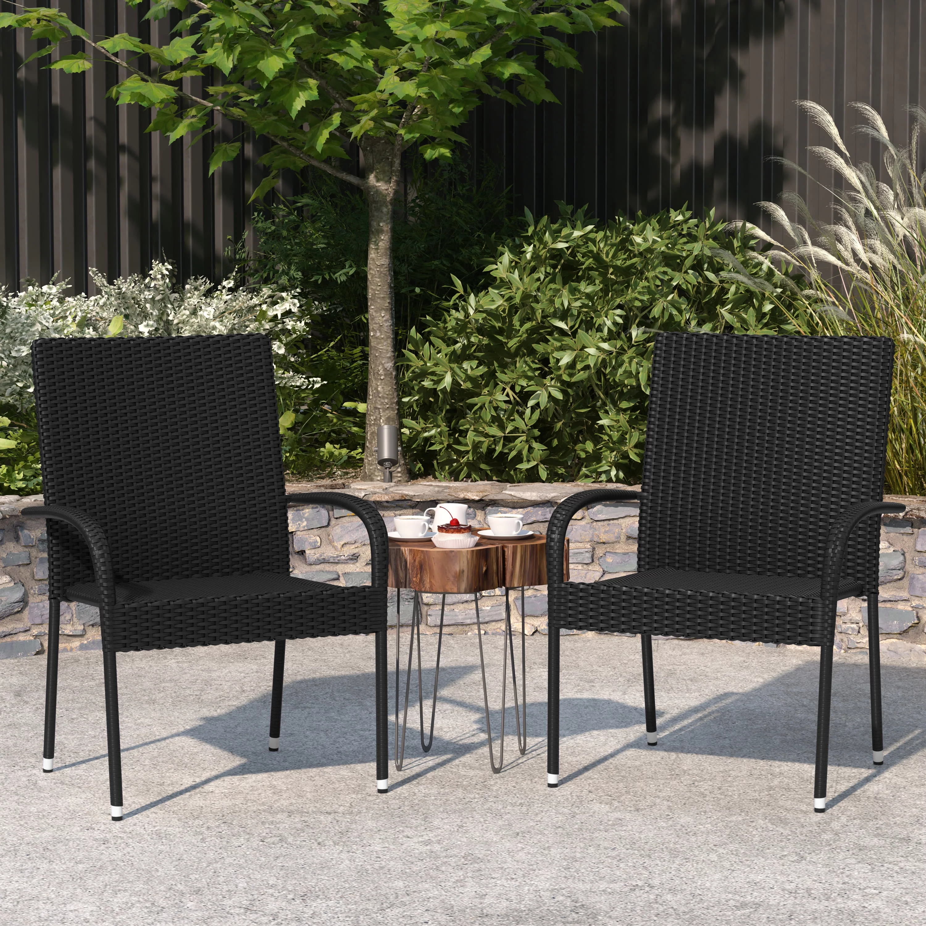 Merrick Lane Set of 2 Indoor/Outdoor Black Wicker Patio Chairs with Powder Coated Steel Frame, Comfortably Curved Back and Arms