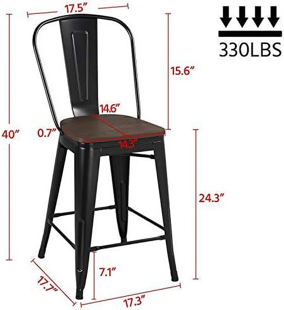 HYHBIBOOM 24Inch Seat Height Style Dining Stools Chairs with Wood Seat/Top and High Backrest  Industrial Metal Counter Height Stool  Modern Kitchen Dining  Chairs Rustic  Black  Set of 4