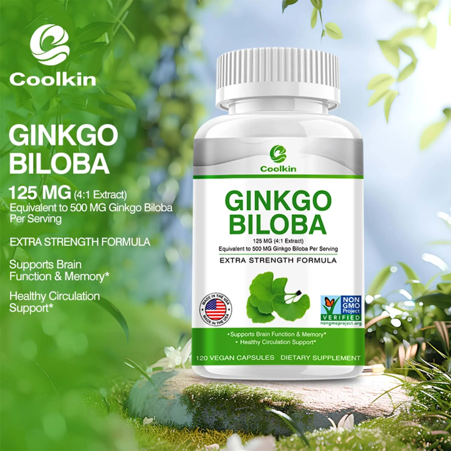 Coolkin Ginkgo Biloba Capsules-Support Brain Function,Improve Memory,Enhance Cognition(30/60/120pcs)