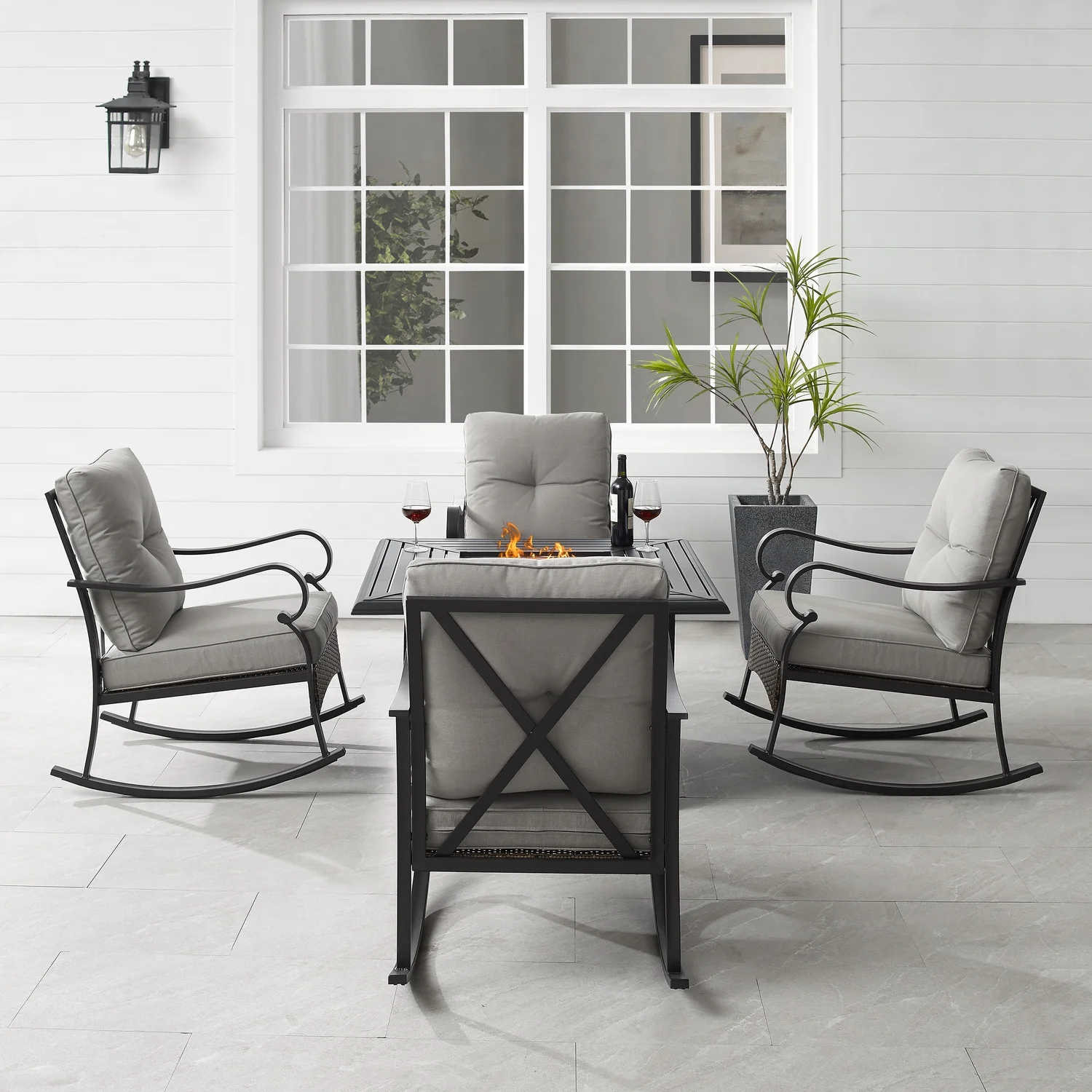 Maykoosh Art Deco Dreams 5Pc Outdoor Metal Conversation Set W/ Fire Table Taupe/Matte Black - Dante Fire Table & 4 Rocking Chairs
