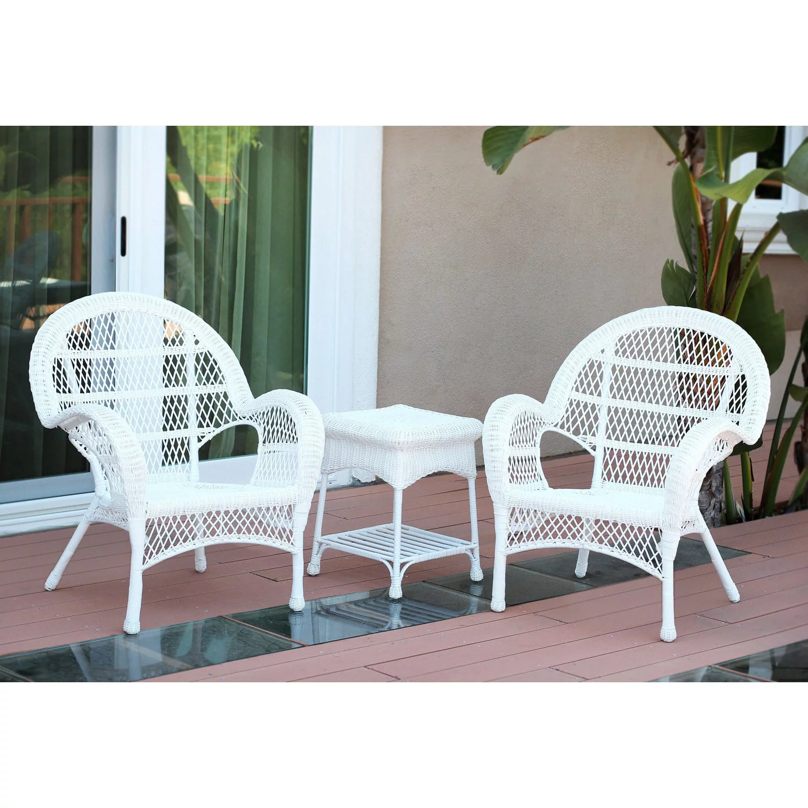 Jeco 3 Piece Wicker Conversation Set in White with Tan Cushions