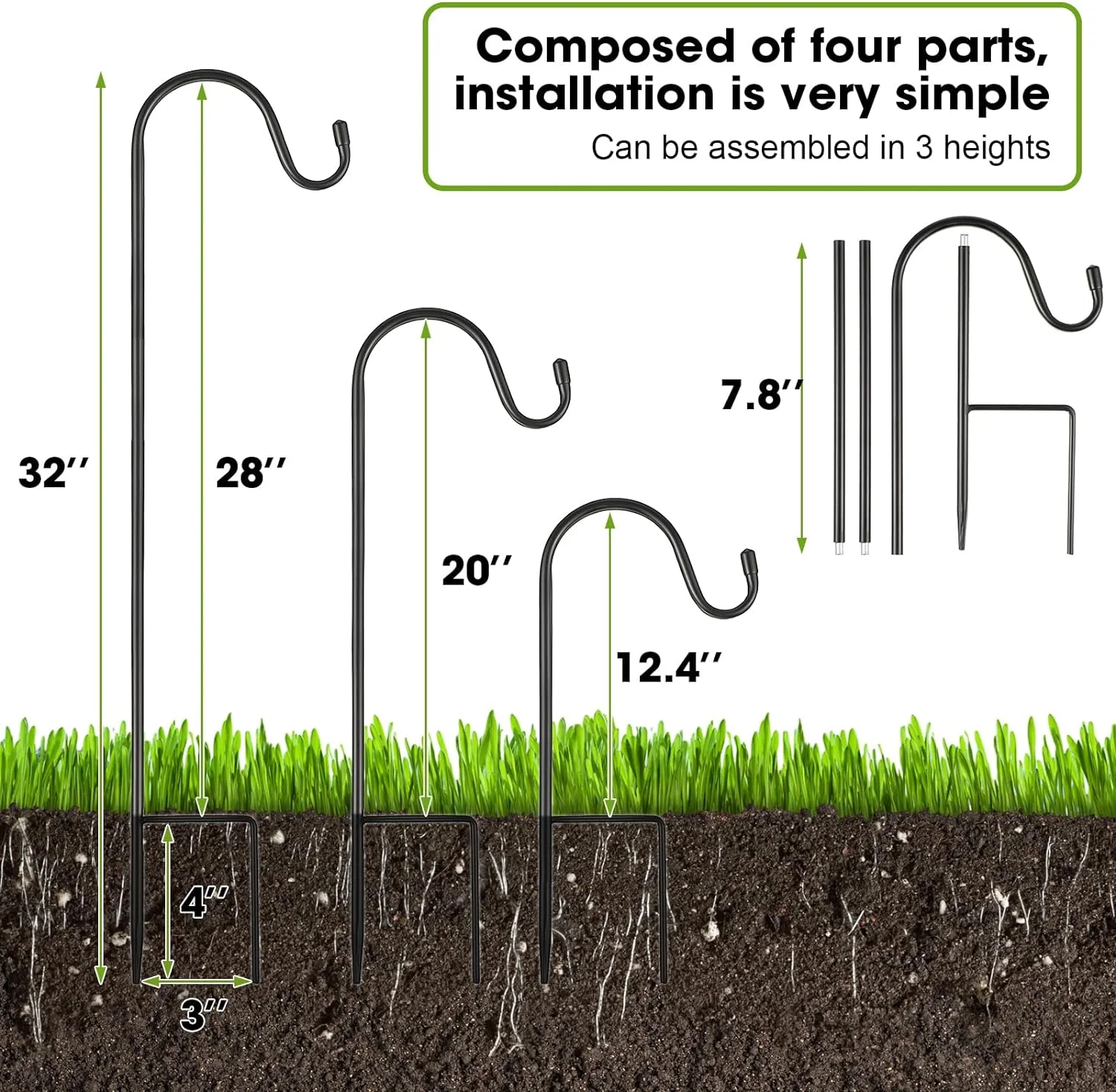 24 Pack Shepherds Hooks Outdoor Plant Hanger Hook 32 Inch Metal Shepherd's Hook Black Garden Bird Feeder Pole for Hanging Solar Lanterns Flower Basket Jars Christmas Lights Wedding Decor