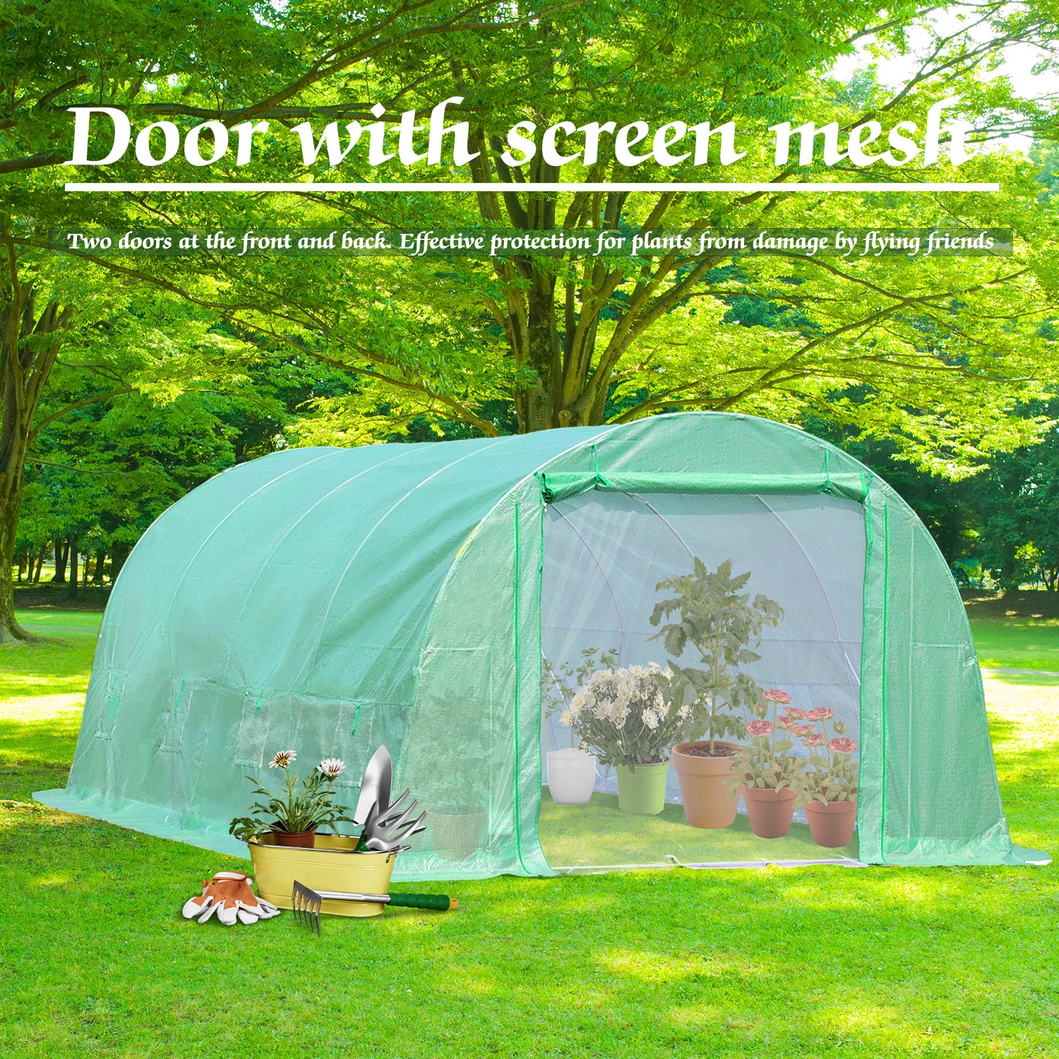 Aoodor 20x10 Large Walk-in Green House with 1 Zippered Screen Doors