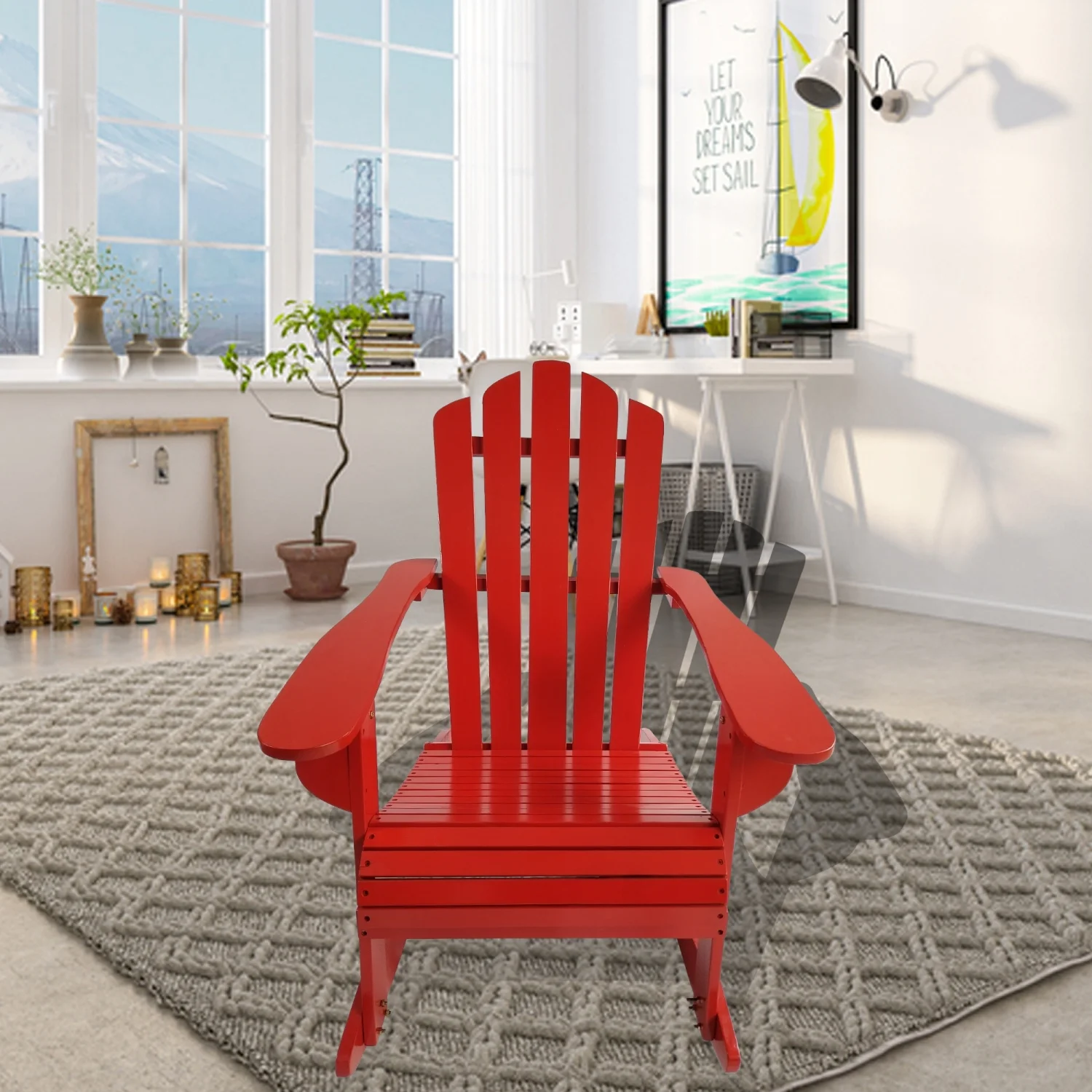 Stylish and Durable Adirondack Red Outdoor Rocking Chair - Comfortable Wooden Furniture for Your Patio or Garden. Relax in Style with this Reclining Rocking Chair. Enjoy the Outdoors in C