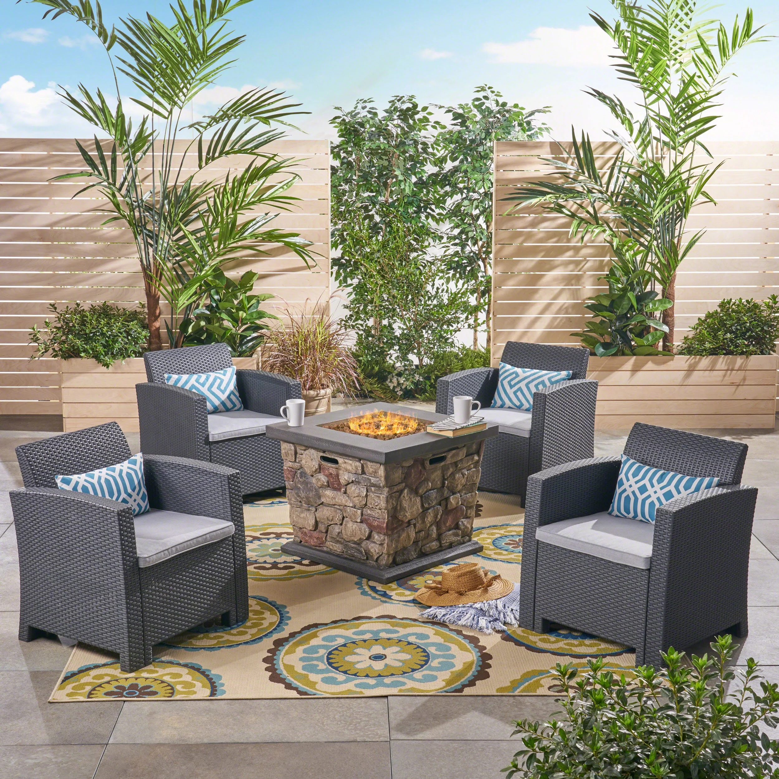 Emery Outdoor 5 Piece Wicker Print Club Chair Chat Set with Fire Pit, Charcoal, Light Gray, Stone