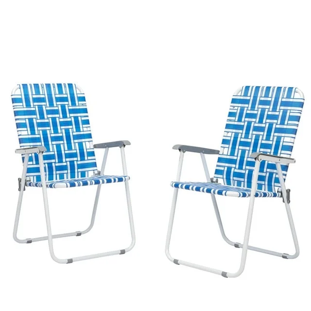 2pcs Steel Tube PP Webbing Bearing 120kg Folding Beach Chair Blue& White Strip