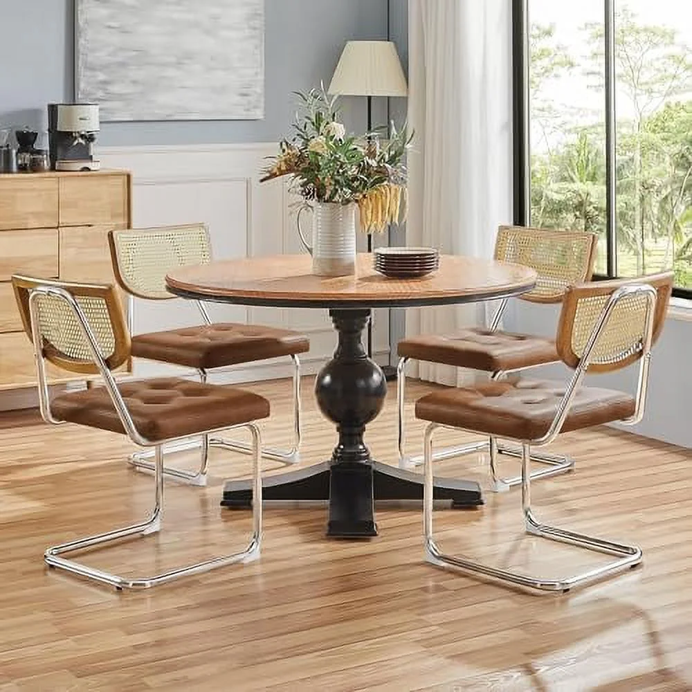 xrboomlife Rattan Dining Chairs Set of 4 Dining Room Chairs Mid Century Modern Kitchen Chairs with Metal Legs and Upholstered Seat for Home Kitchen Living Room  Faux Leather  Retro Brown
