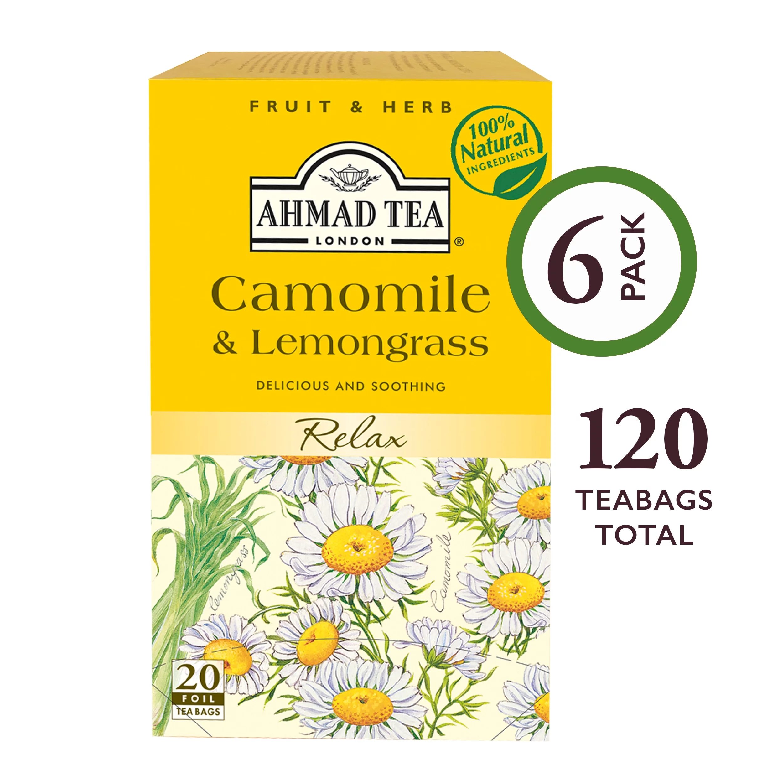 Ahmad Tea Camomile & Lemongrass Herbal Tea Bags, 120 Ct (6 Boxes of 20)