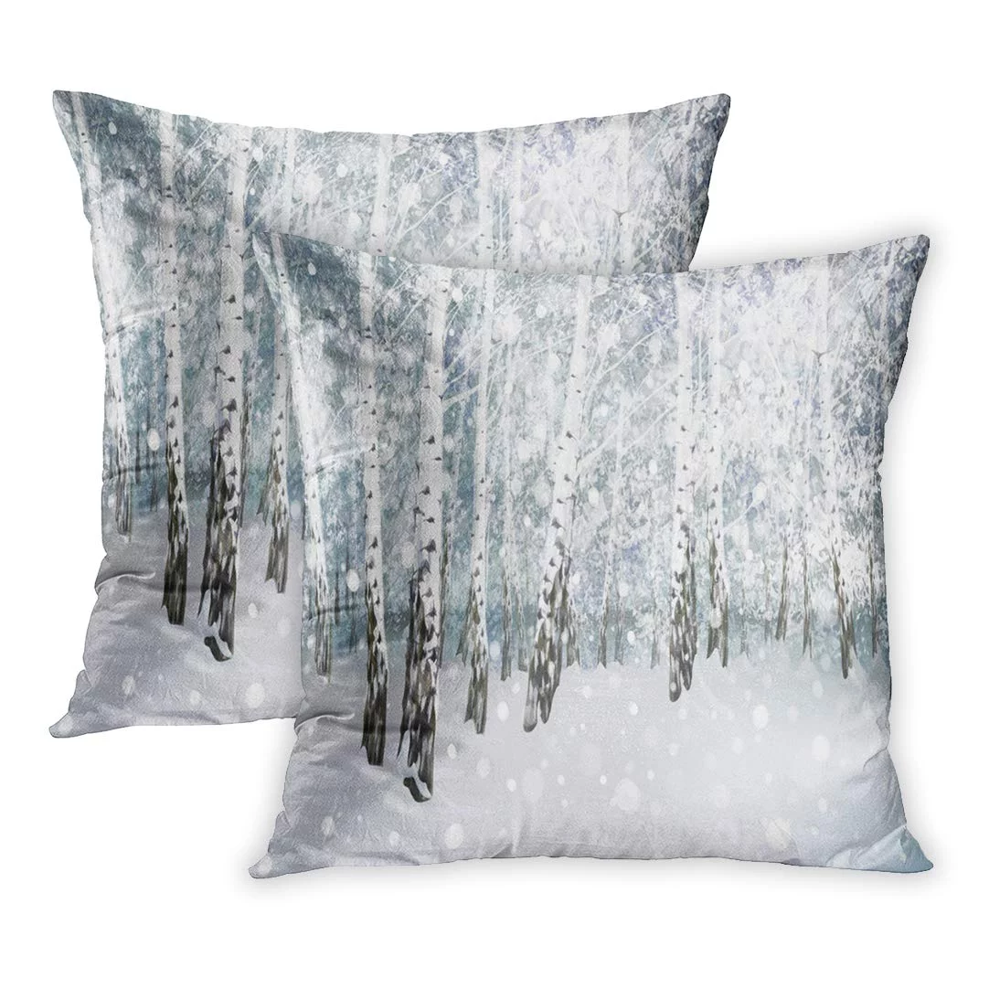 Silver Tree of Winter Snowy Landscape Birch Forest Blue Snow Holiday Christmas Wonderland Snowstorm PillowCase Pillow Cover 20x20 inch Set of 2