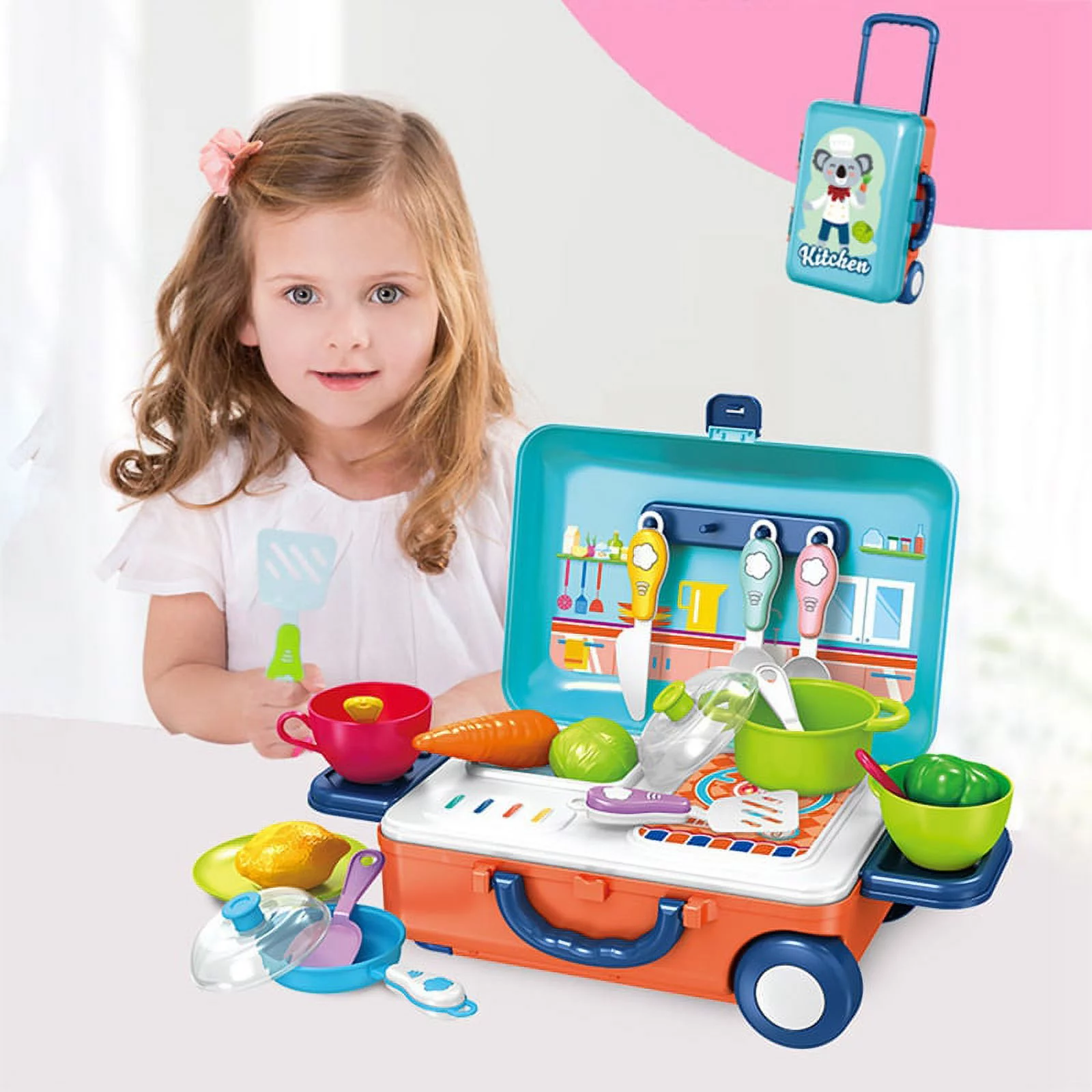 Kids Pretend Play Toy Kitchen Playset, Travel Suitcases Are Easy to Carry and Store, Holiday and Birthday Gifts for Kids.