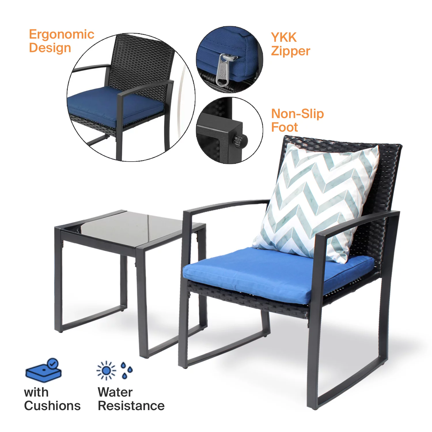 Patio 3-Piece Conversation Black Wicker Furniture-Two Chairs with Glass Coffee Table Dark Blue