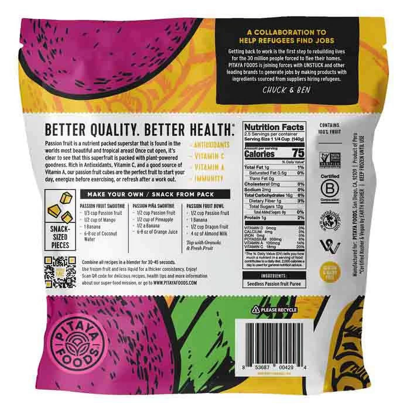 Pitaya Foods Frozen Passion Fruit Bite Sized Pieces for Smoothies, 12oz, 1 Pouch