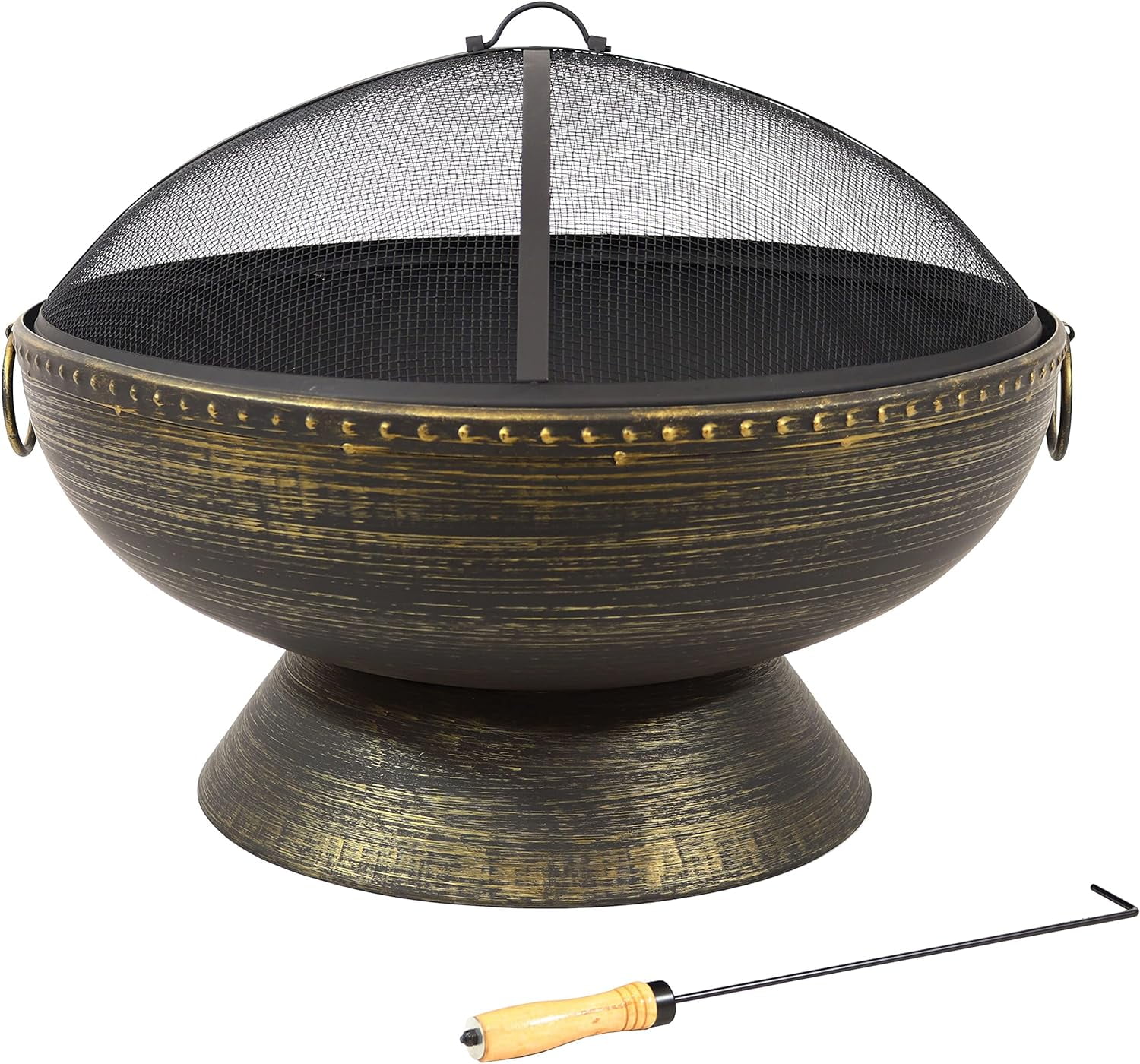 30-Inch Fire Pit Bowl with Spark Screen, Fireplace Poker, and Metal Grate - Black High-Temperature Paint Finish