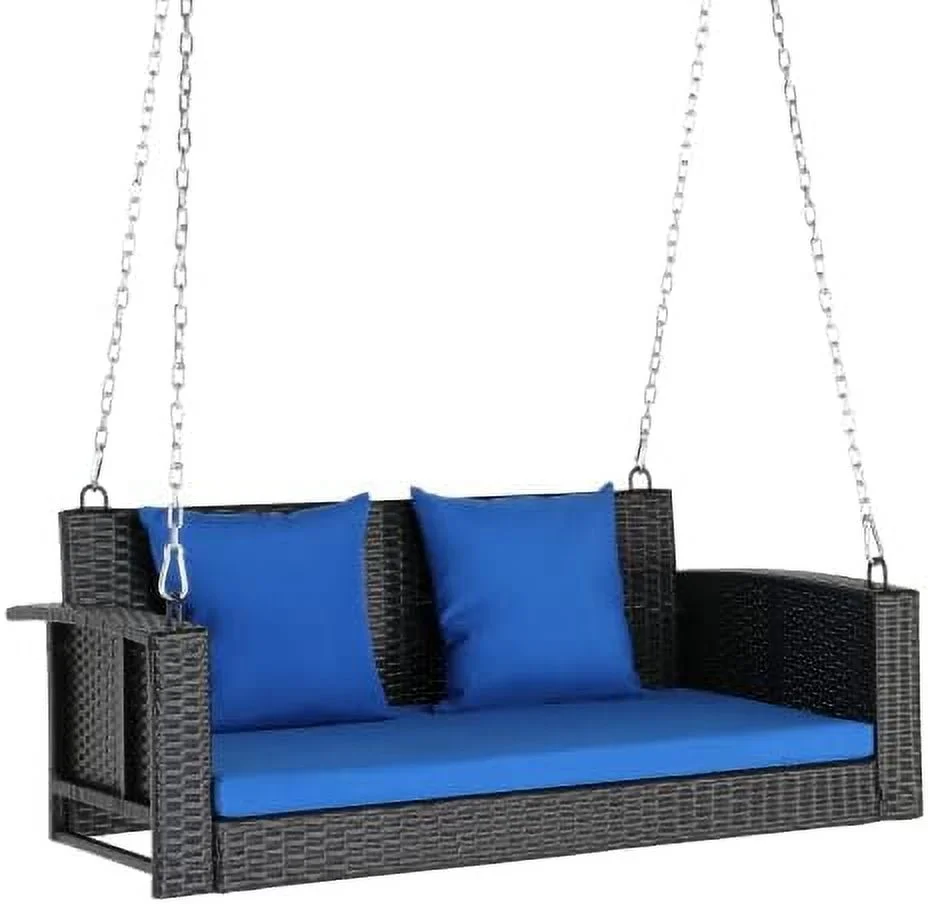 ASDRFYU Heavy Duty 800 LBS Wicker Hanging Porch Swing with Cushions & Chains  4FT Outdoor Rattan Swing Bench for Garden  Yard  Lawn (Black+Blue)