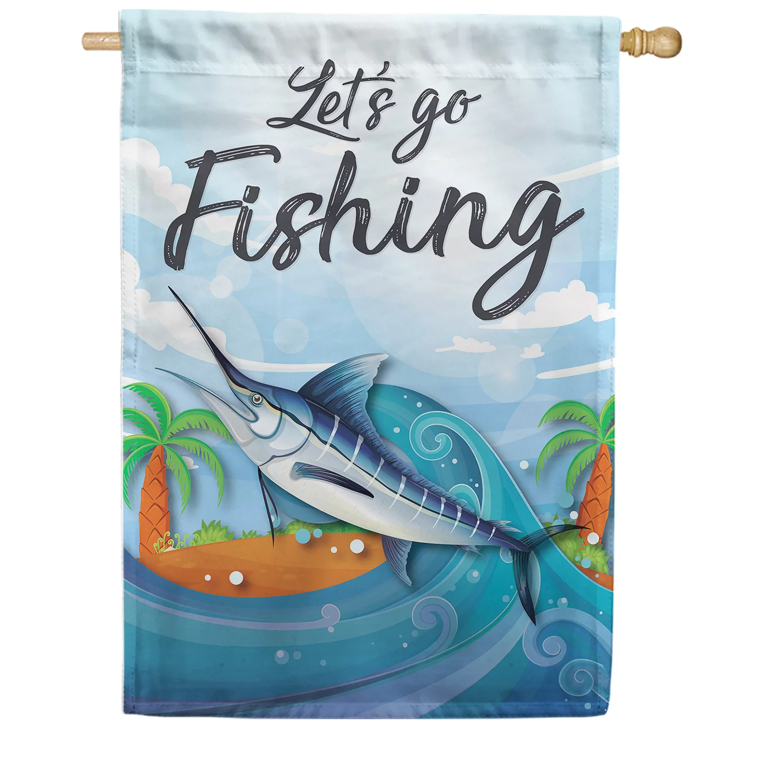 America Forever Let's Go Fishing Summer House Flag 28 x 40 inches Blue Marlin Fish Out of Sea Paradise Island Palm Tree Tropical Coastal Double Sided Seasonal Yard Outdoor Decorative Flag