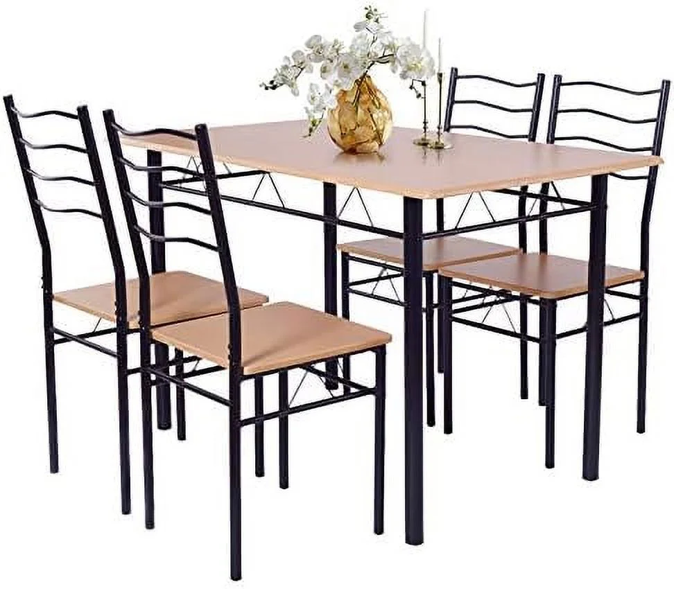 GFVCNIO 5 Piece Dining Table Set for 4 Chairs Modern Wood Metal Kitchen Breakfast  (Shallow Walnut)