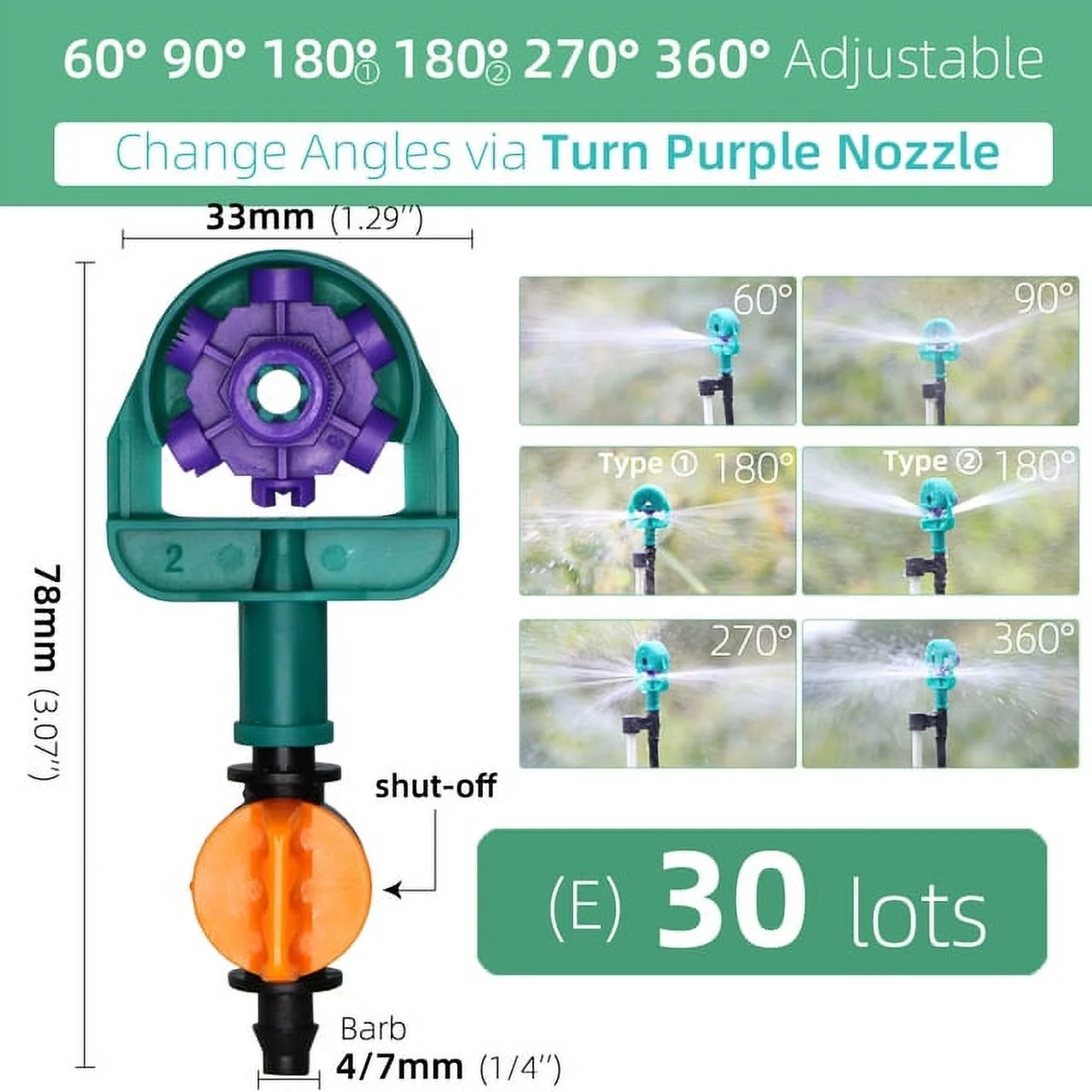 MUCIAKIE Adjustable Angle 60/90/180/270/ Degrees Sprinklers on 50CM Filberglass Stake Garden Irrigation Watering Nozzles