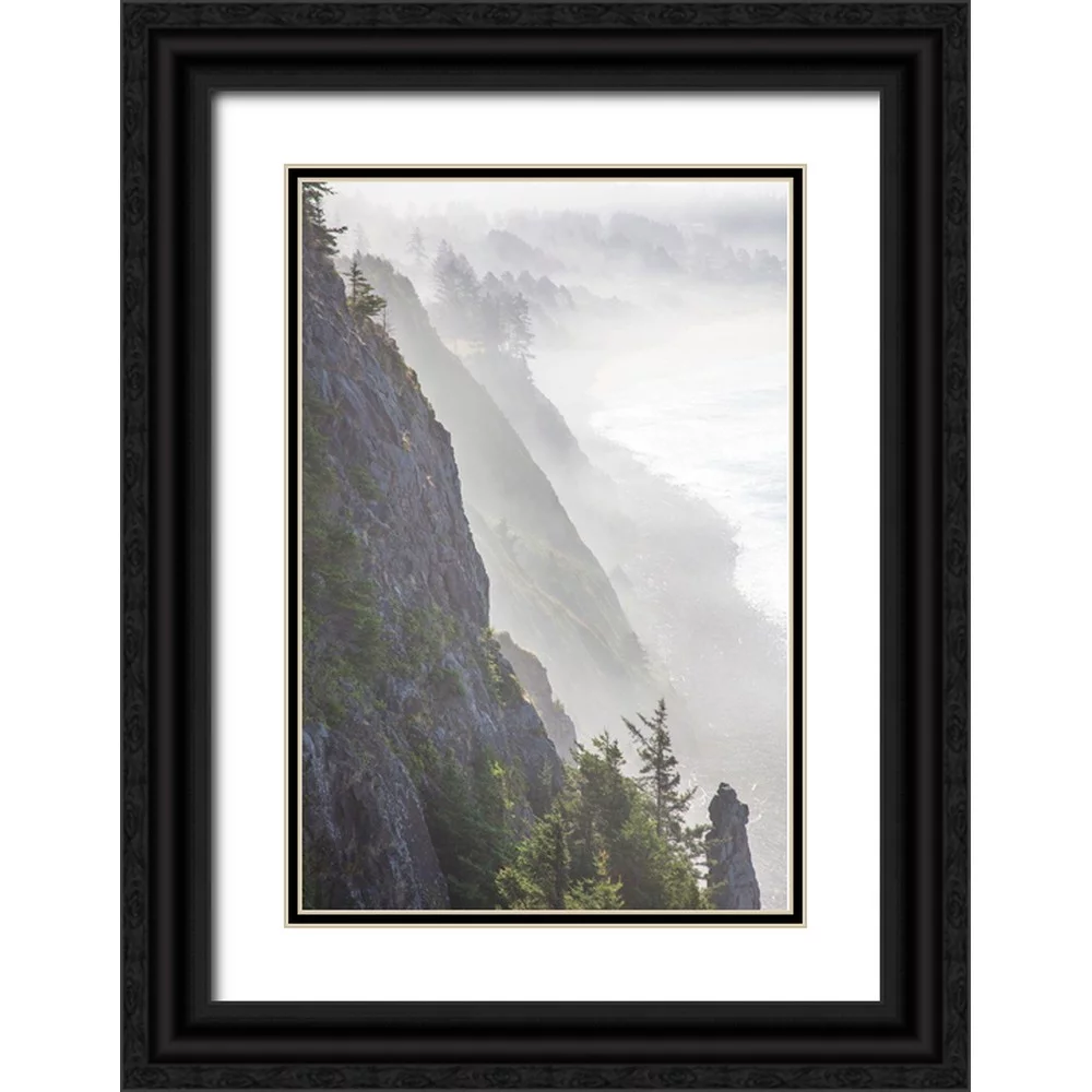 Gulin, Sylvia 23x32 Black Ornate Wood Framed with Double Matting Museum Art Print Titled - Oregon-Oswald West State Park and cliff bluffs looking towards Manzanita with lifting fog