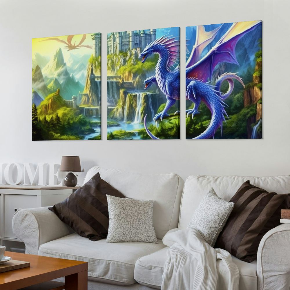 Jiayy Dragon Waterfall Castle Art Wall Decor Oil Painting 12x16in x3 Print On Canvas 12x16x3pcs