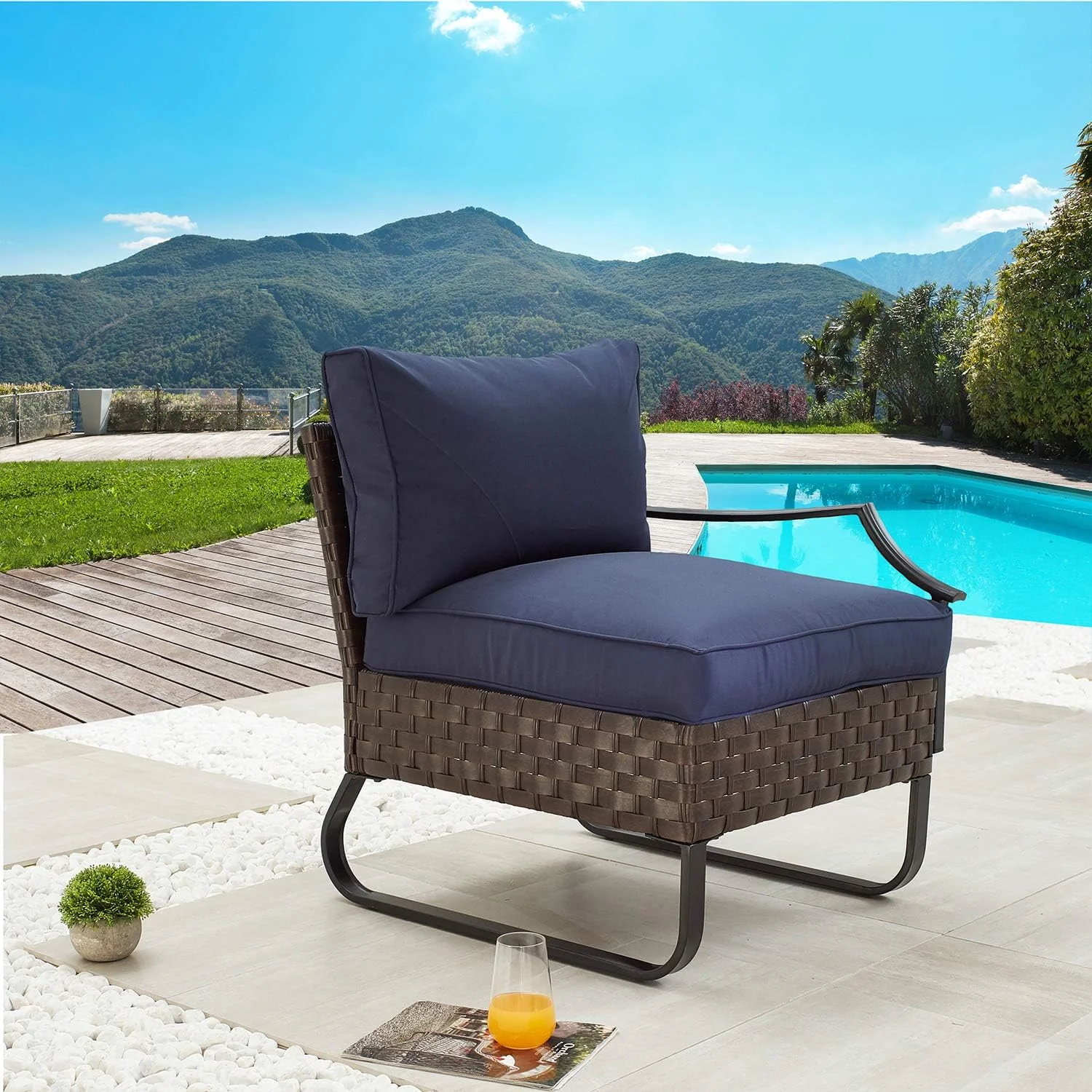 MQLIFEBOOM Dining Outdoor Patio Bistro  Left Armrest Section Chair with Curved Armrest Wicker Rattan Soft Cushion with Side U Shaped Slatted Steel Leg for Garden Yard Poolside All-Weather