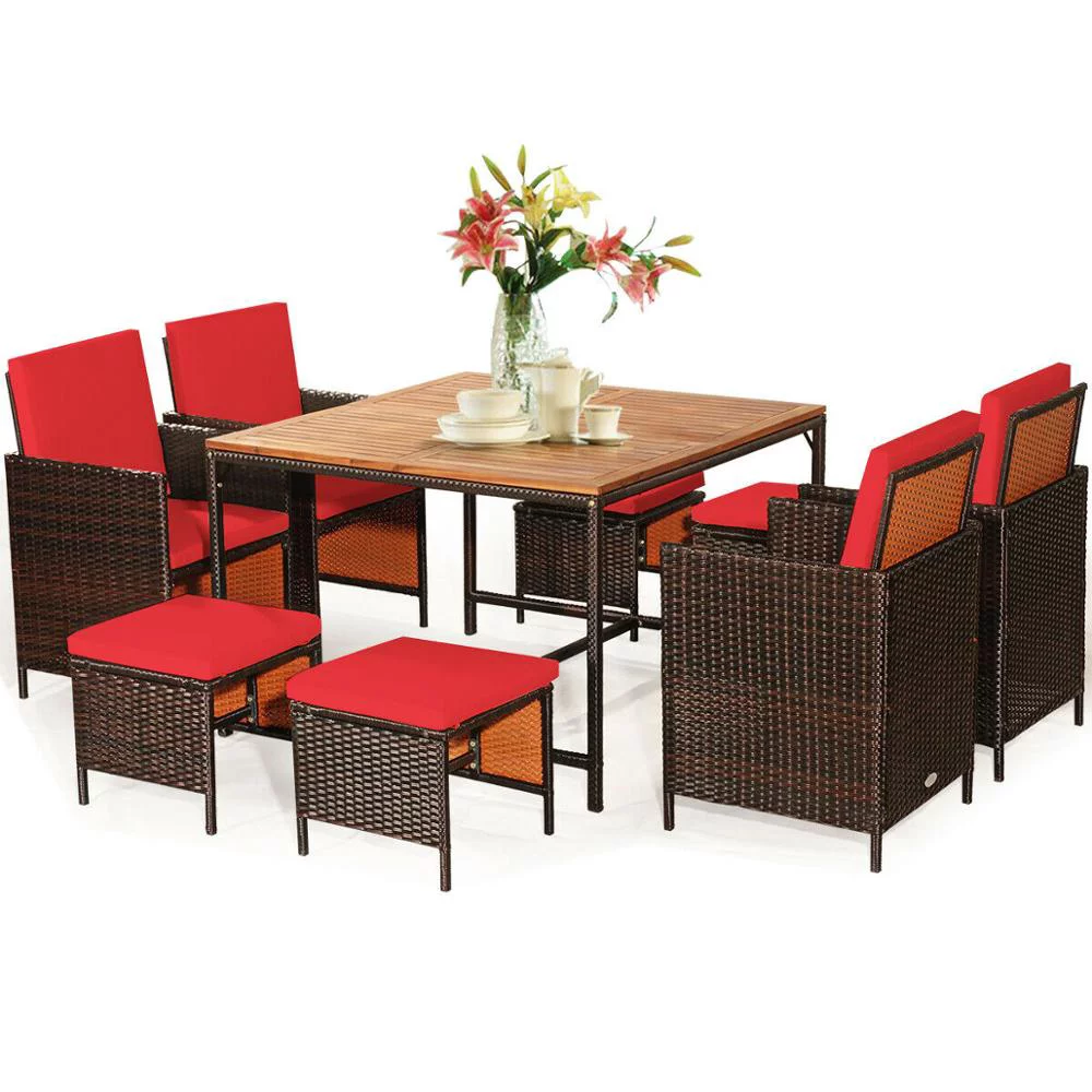 9PCS Patio Rattan Dining Set Cushioned Chairs Ottoman Wood Table Top Outdoor