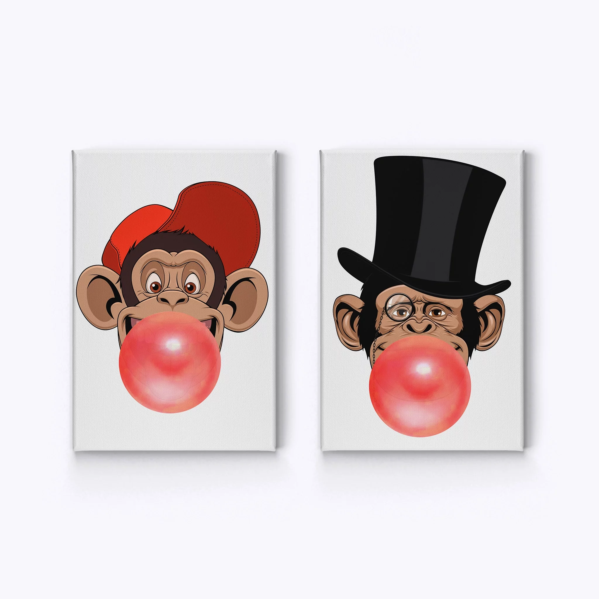 Smile Art Design Funny Monkeys Young and Senior Animal Bubble Gum Art 2 PANEL CANVAS PRINT SET Red Chewing Gum Wall Art Home Decor Living Room Kids Room Nursery Ready to Hang Made in USA 22x15