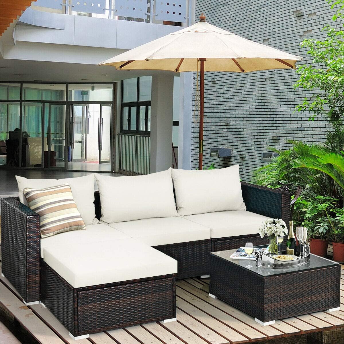 Dina 5-Piece Patio Conversation Set Rattan Wicker Sectional Sofa Set with Coffee Table  Outdoor Furniture Set with Cushions for Lawn Garden Porch