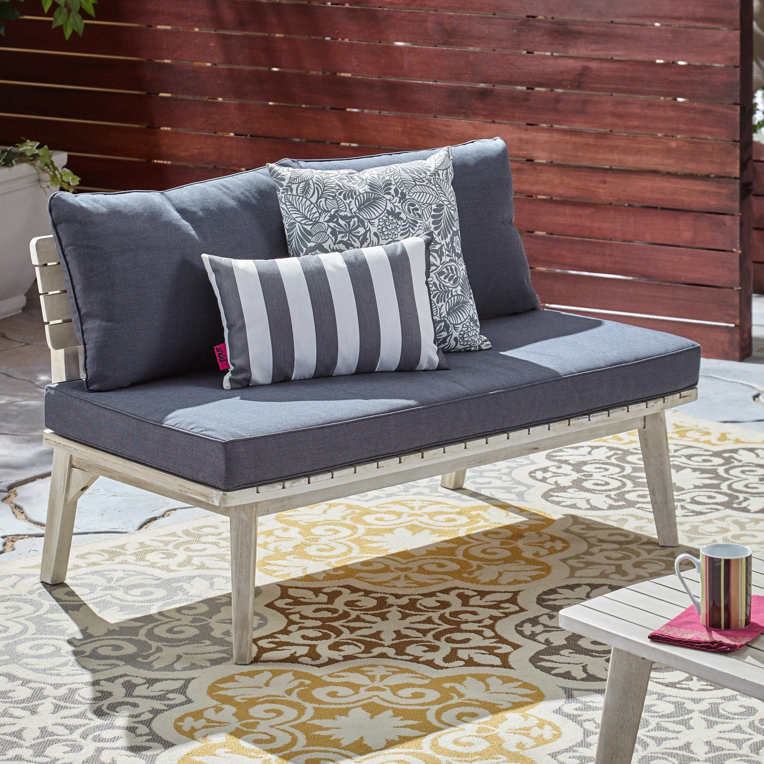 Elegant Outdoor Acacia Loveseat - Mid-Century Inspired Patio Furniture with Gray Cushions