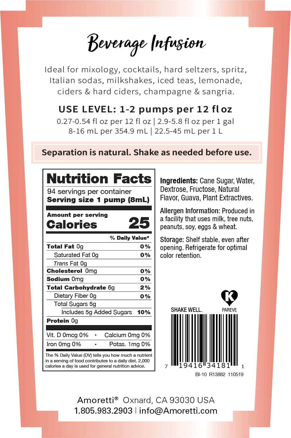 Amoretti - Guava Beverage Infusion - Drink Mix & Water Enhancer with Pump for Flavoring Cocktails, Waters, Teas, and other Beverages, 94 Servings Per Bottle (750 ml), Preservative Free