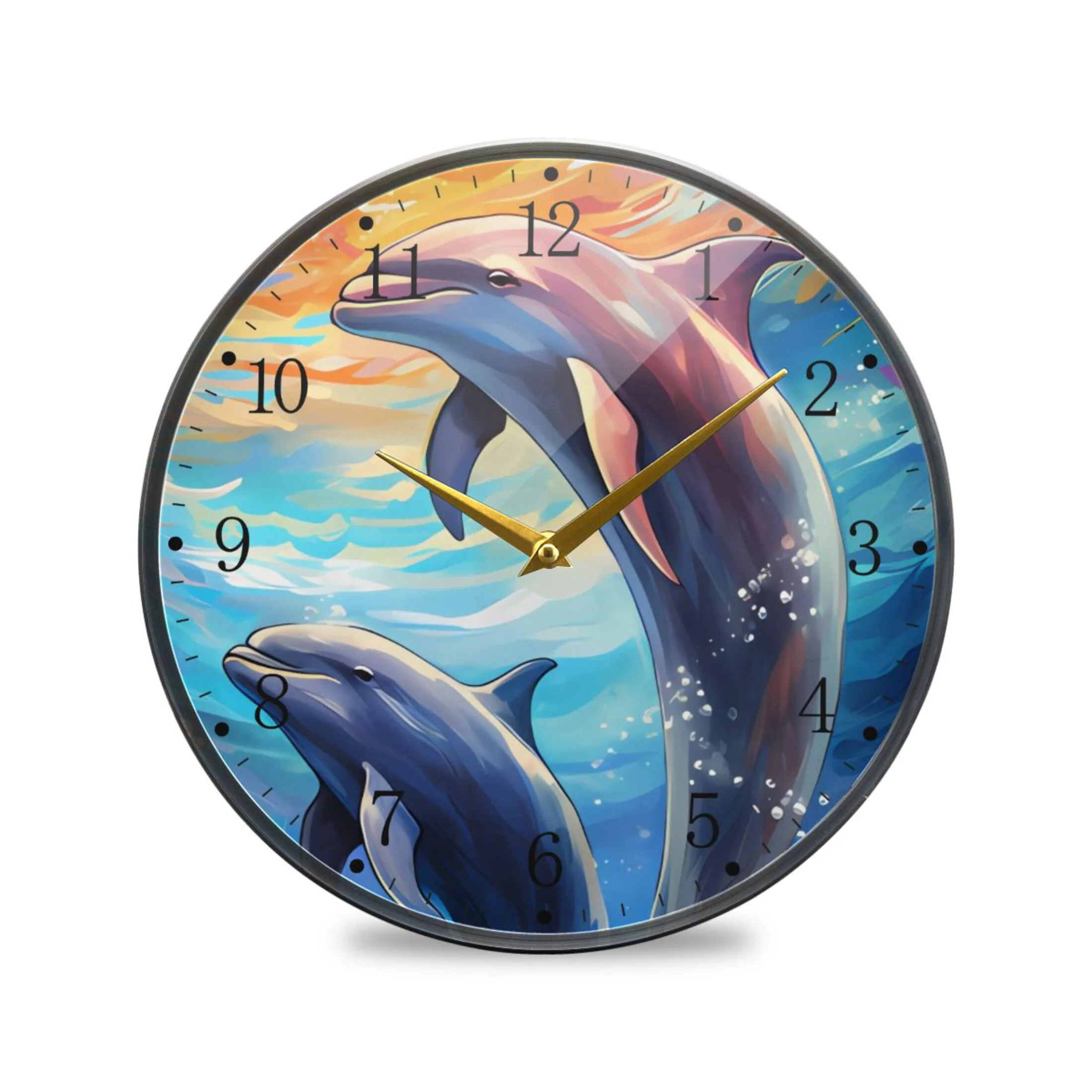 Dolphins under Water Acrylic Wall Clocks Quiet Round Clock Battery Operated Non-Ticking Clock for Bedroom Kitchen Office Decorative 11.9 Inch