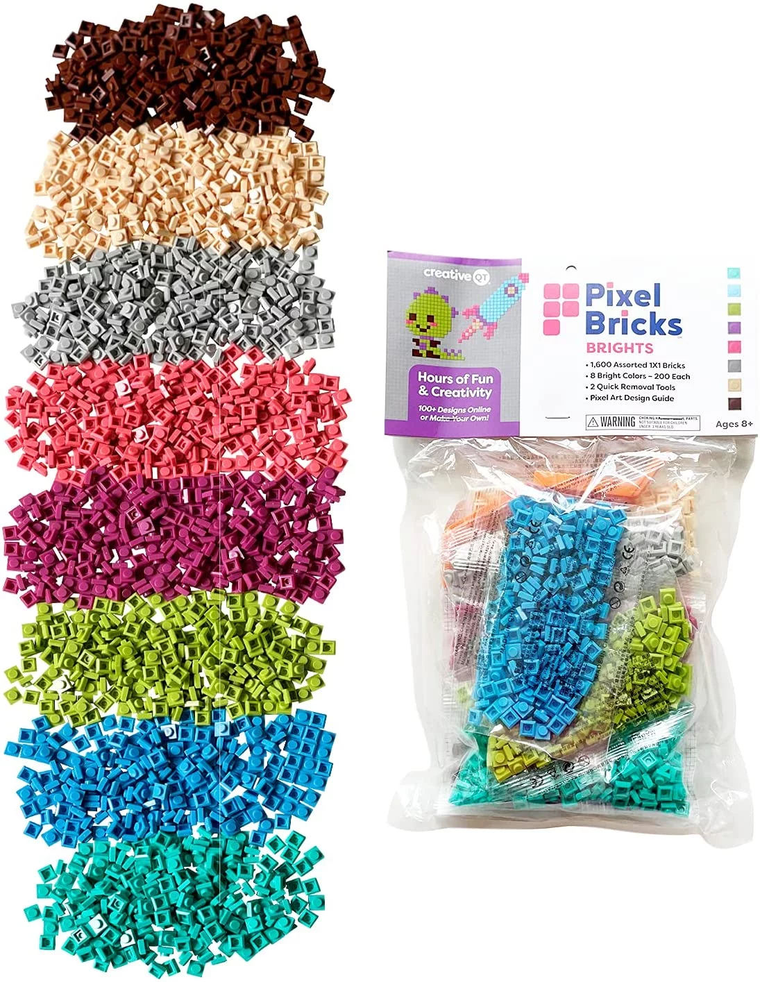 Creative QT Pixel Bricks Mosaic Kit: 1600 1x1 Building Bricks in 8 New Bright Colors – Nano Blocks Art Set for Adults/STEM Toy Play Set for Kids – Includes 2 Quick-Removal Tools and Design Guide