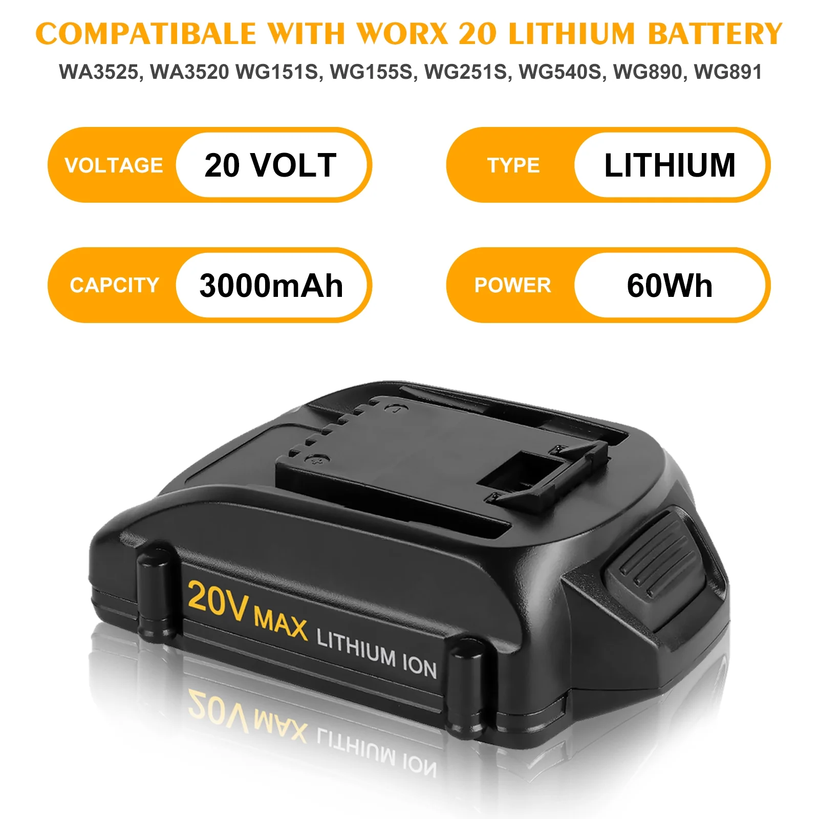 4-Pack 20 Volt 3000mAh WA3520 Replacement for Worx 20v Battery Lithium WA3525 WG151s WG155s WG251s WG255s WG540s