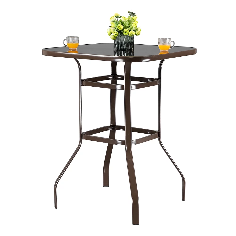 Wrought Iron Glass High Patio Bar Table Brown