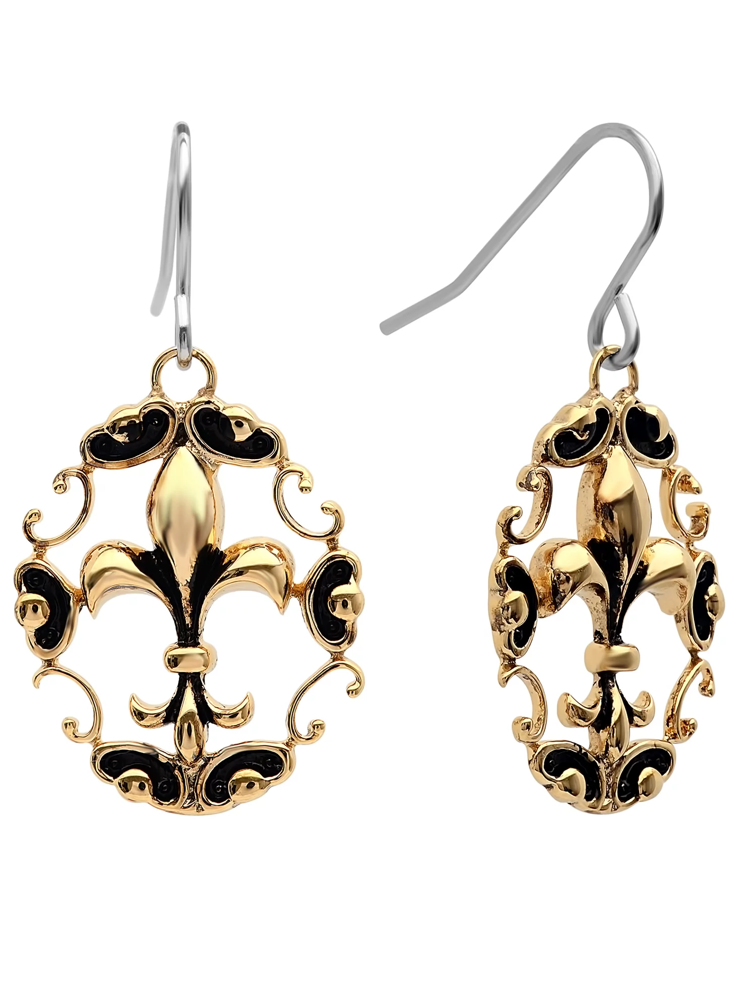 Womens Two-Tone Stainless Steel Antiqued Fleur-de-lis Dangle Earrings