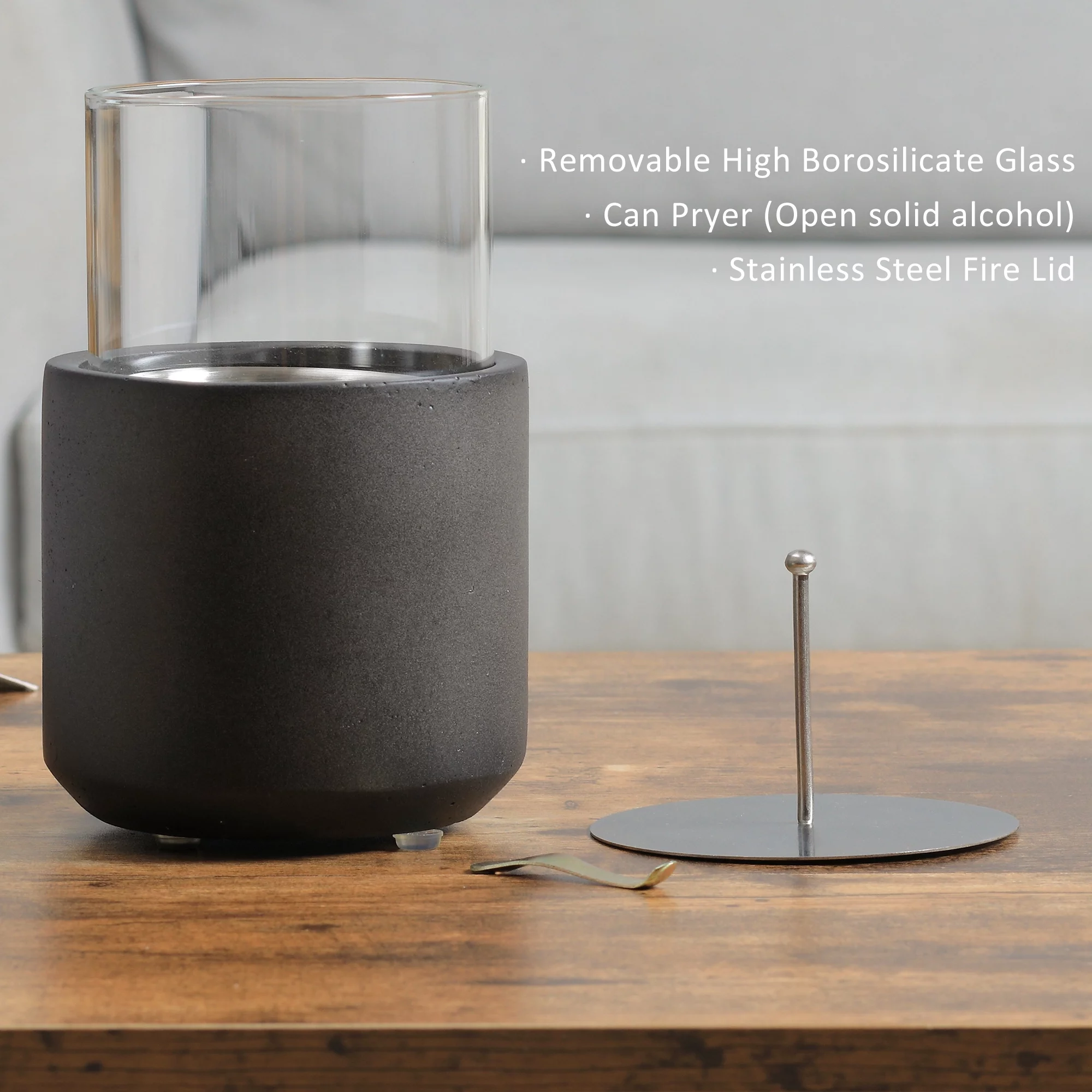DeeHome Tabletop Fireplace, Mini Concrete Ethanol Fire Bowl with Lid, Burns up with Liquid Alcohol and Solid Tablet Alcohol, Dark Grey