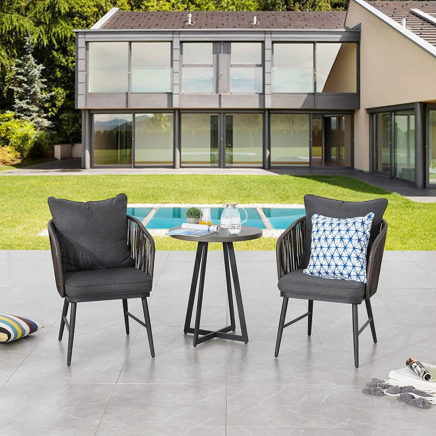 Outdoor 3 Piece Bistro Set Patio Wicker Modern Balcony Furniture Include 2 Chairs with Seat  Back Cushions  1 Coffee, Black Table Top