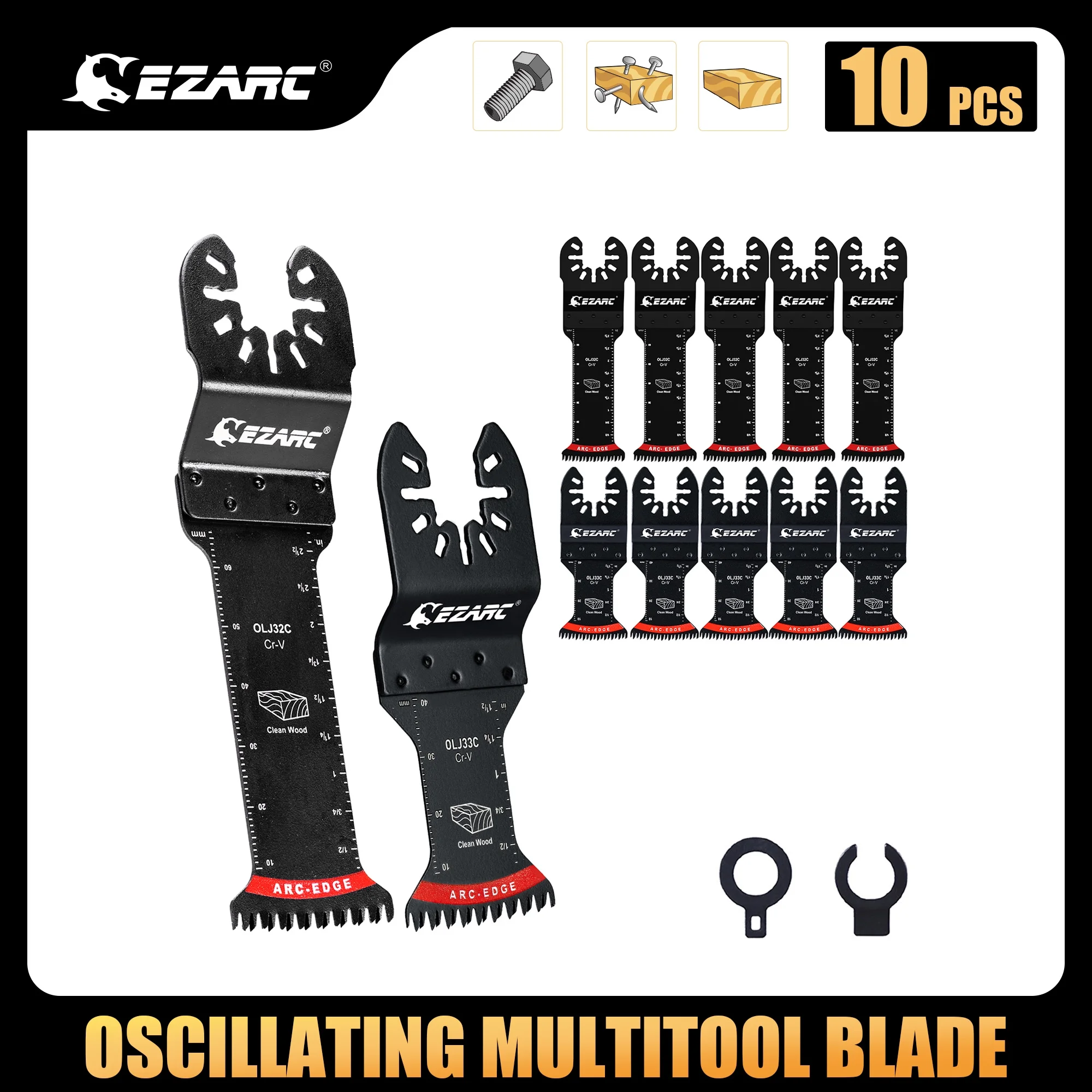 EZARC Japanese Tooth Oscillating Saw Blades, 10 PCS Extra-Long Arc Edge Oscillating Multitool Blades Clean Cut for Wood and Plastic, Universal Quick Release Multi Tool Blades Kits
