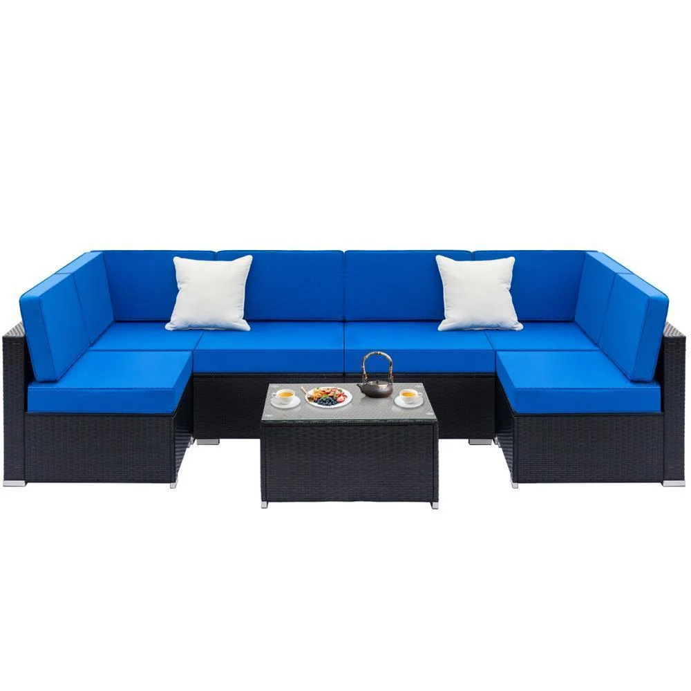 7 Pieces All Weather Patio Rattan Furniture Wicker Royal Blue Cushioned Sofa Set