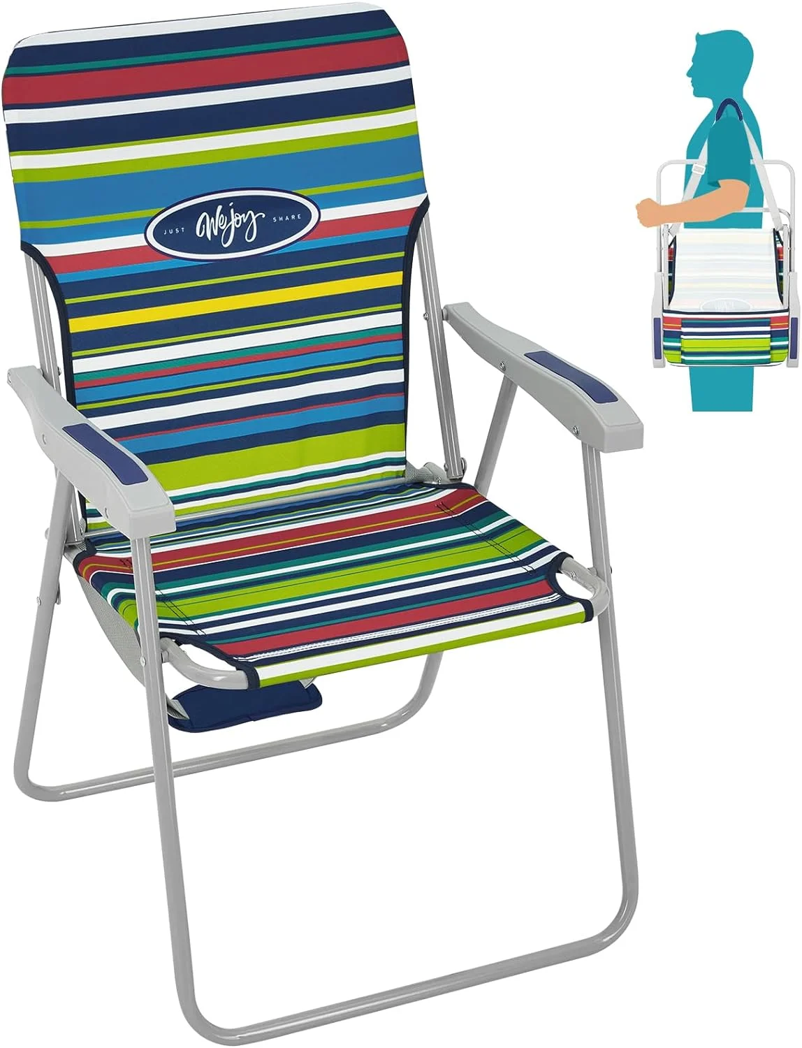 #WEJOY Folding Beach Chair for Adults, Lightweight Beach Chair with Shoulder Straps, High Back Beach Chairs with Hard Armrest, Supports 300lbs for Beach Lawn Concert, Cyan