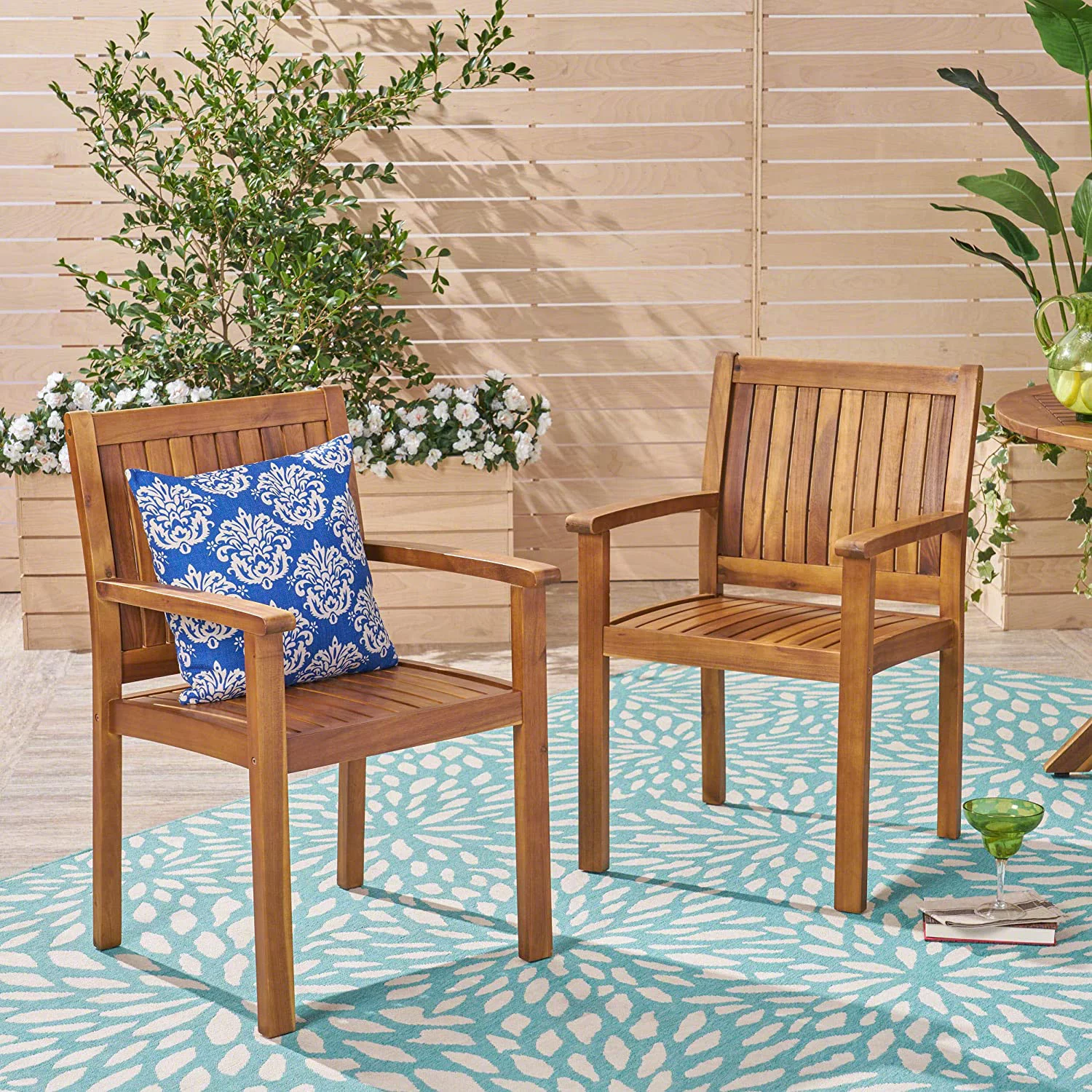 MINGFENG Teague Outdoor Acacia Wood Dining Chairs (Set of 2), Teak Finish