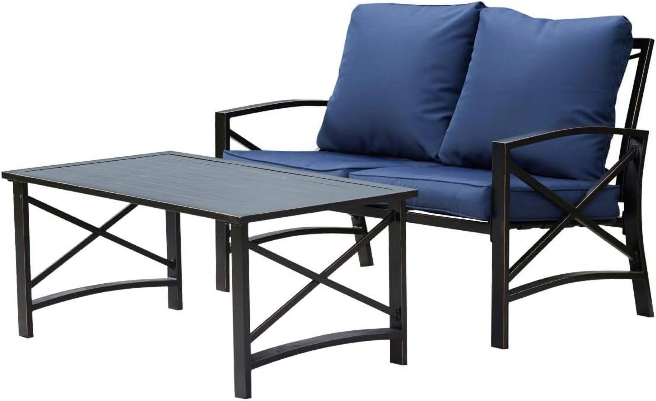 2 Pcs Outdoor Patio Bistro Furniture Set Conversation Metal Chair Loverseat Coffee Tabel with Cushion, Blue