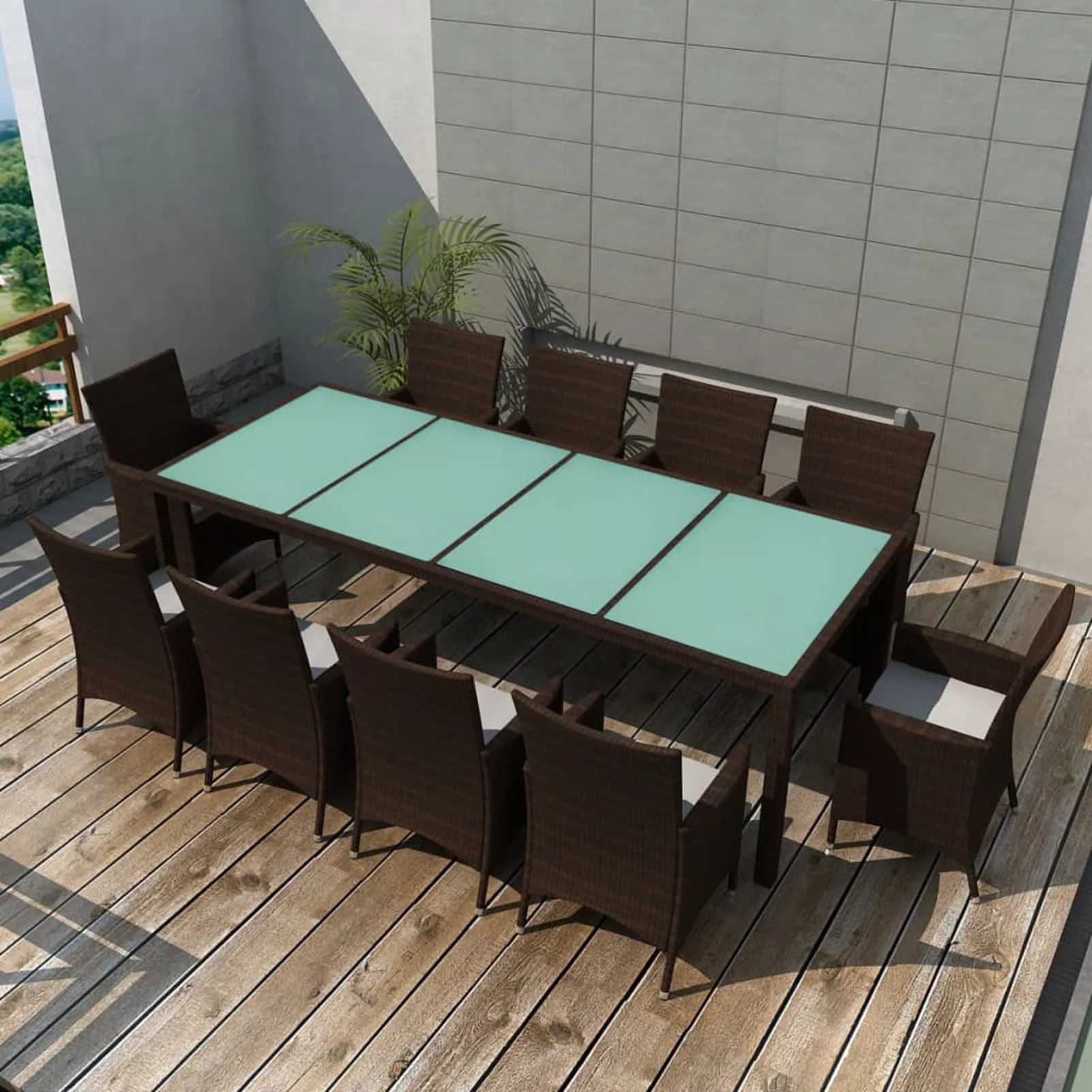 walmeck 11 Piece Patio Dining Set with Cushions Poly Rattan Brown